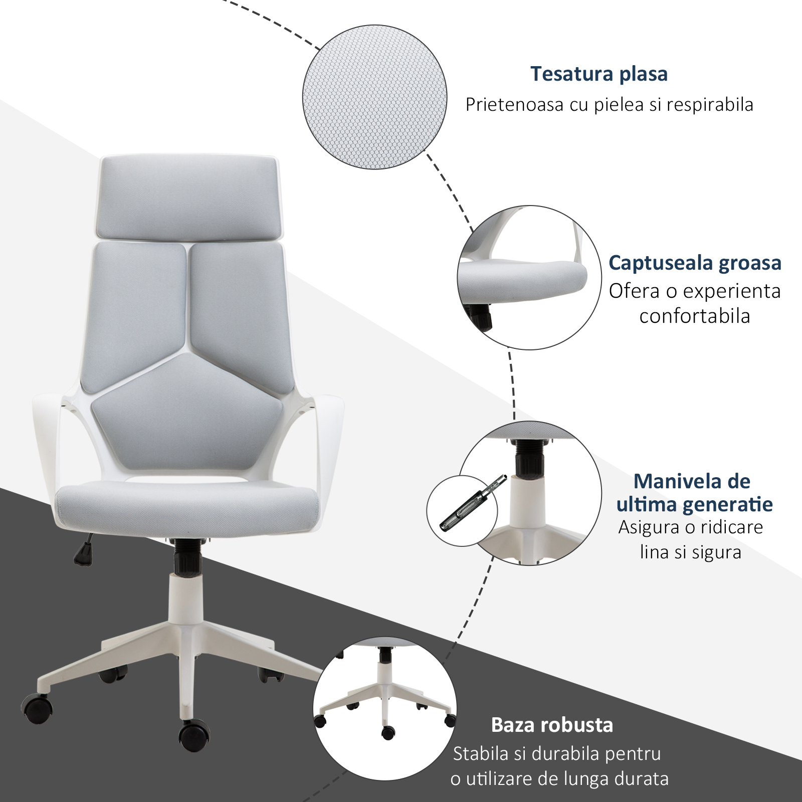  Scaun Ergonomic Birou - Mesh Gri, Reglabil & Pivotant 360° [6]