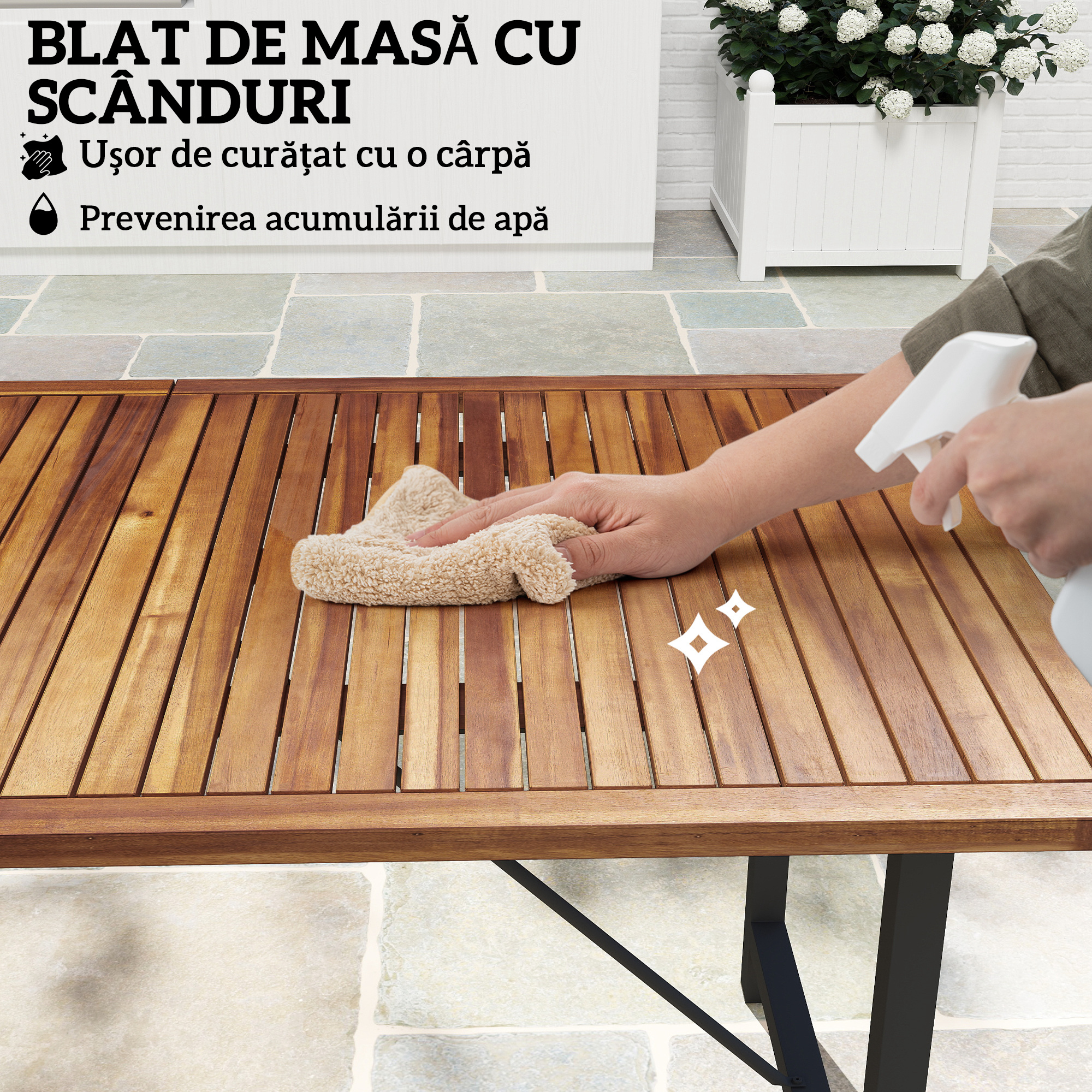  Masa de Gradina din Lemn de Salcam si Otel cu Blat din sipci, 160x90x75 cm, Lemn Natural [4]