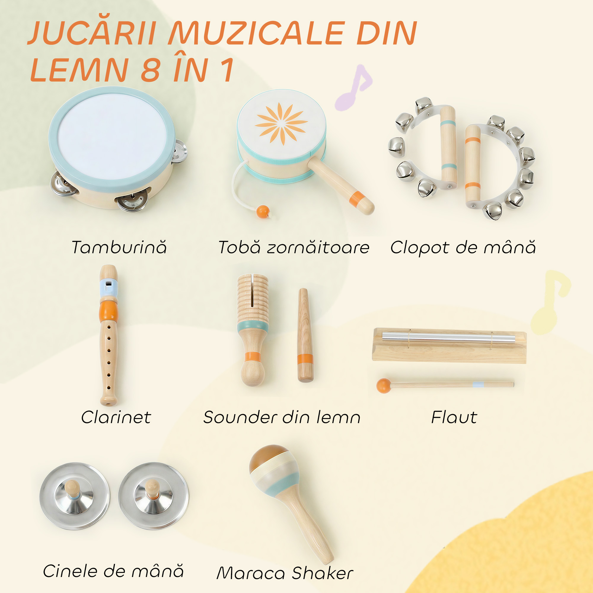  Instrumente Muzicale pentru Copii, Jucarii Muzicale Montessori din Lemn pentru Copii 3+, Set de Percutie cu Tamburina si Maracas, Cadou pentru Fete si Baieti [3]