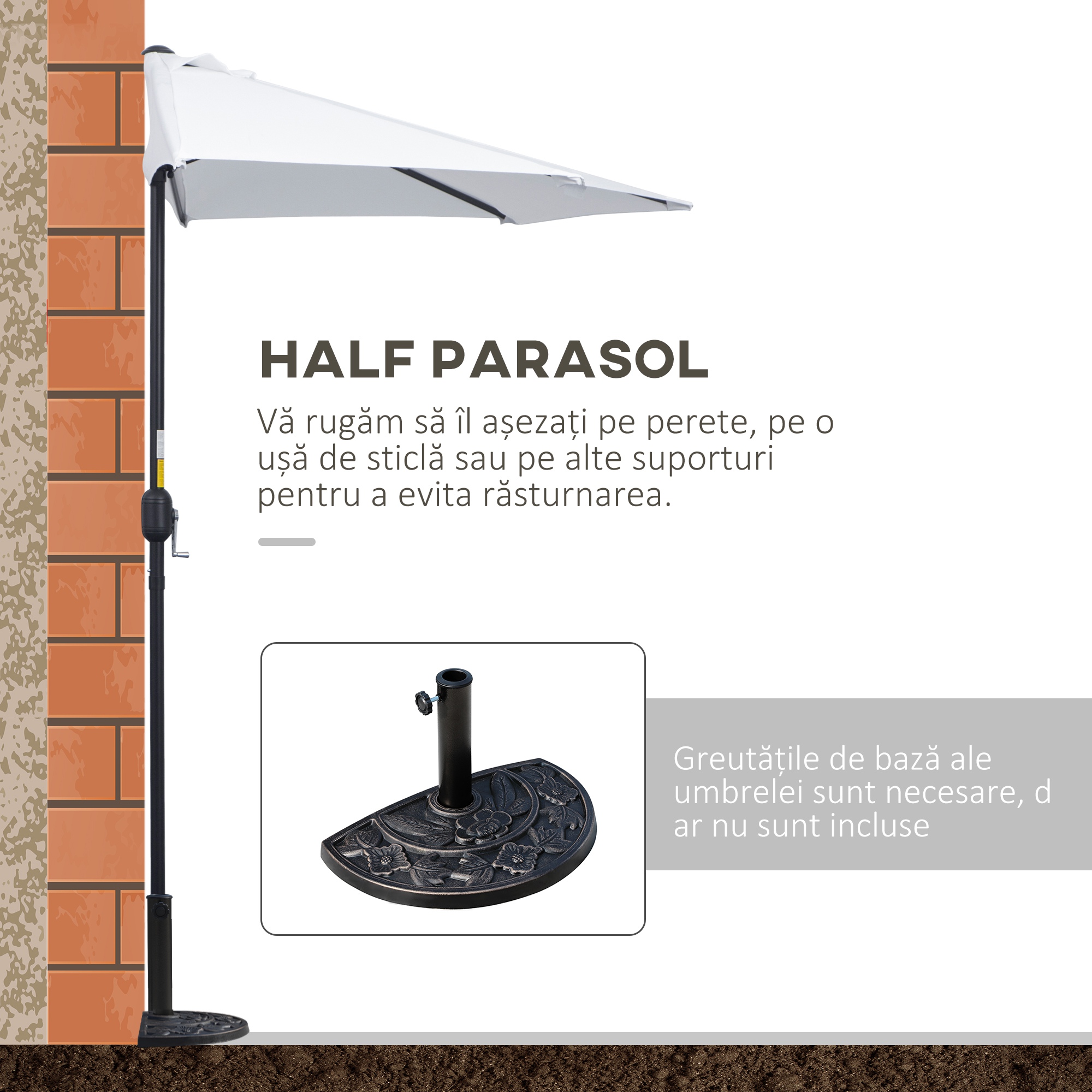  Umbrela de Terasa in Forma de Semiluna cu Deschidere cu Manivela si Stalp in 2 Sectiuni, 2,6x1,35 m, Alba [3]