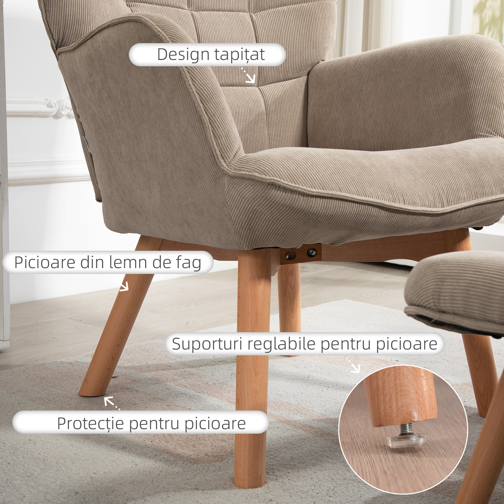  Fotoliu cu Taburet din Catifea cu Model Crestat , Spatar inalt si Brate, 72x80x101 cm, Bej [4]