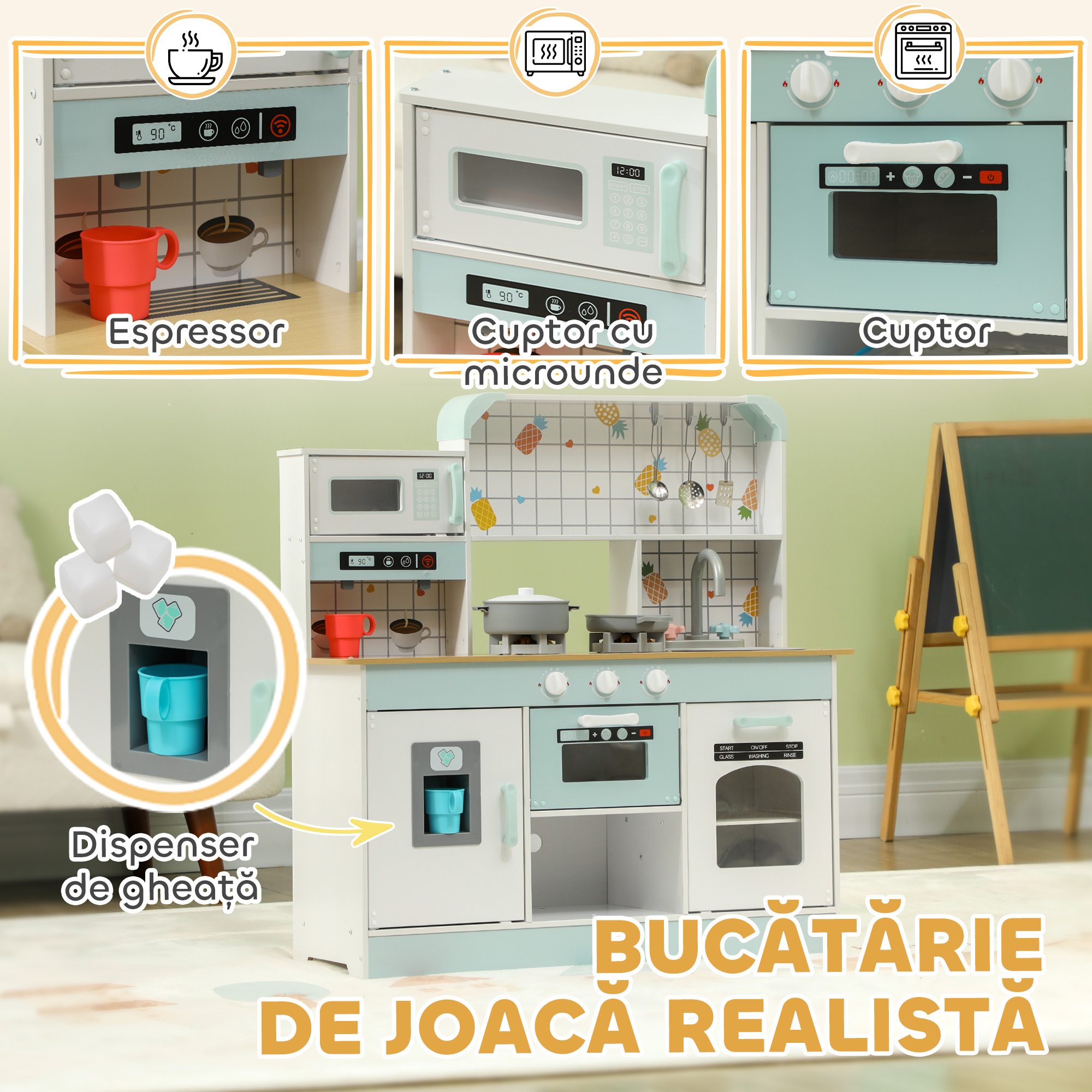  Bucatarie de Jucarie pentru Copii 3+ Ani din Lemn, Aragaz Interactiv, Cuptor si Masina de Cafea, Alb [4]