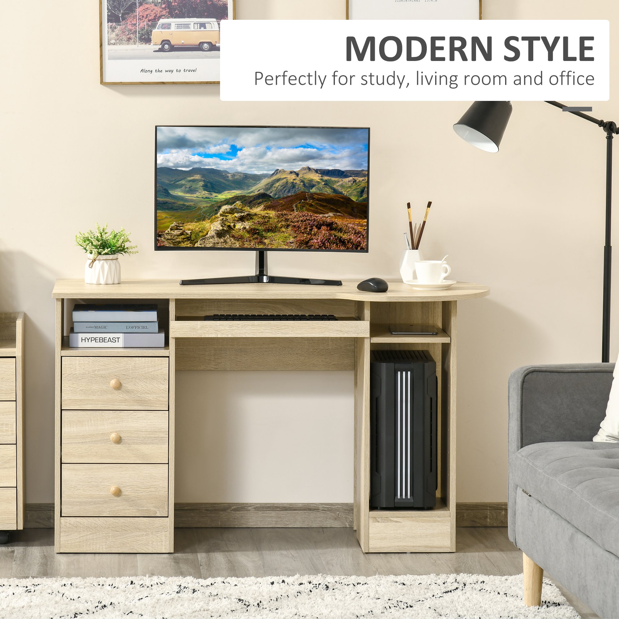  Birou PC pentru Birou cu Rafturi, Sertare si Polita Superioara din Lemn, 125x60x74 cm [4]