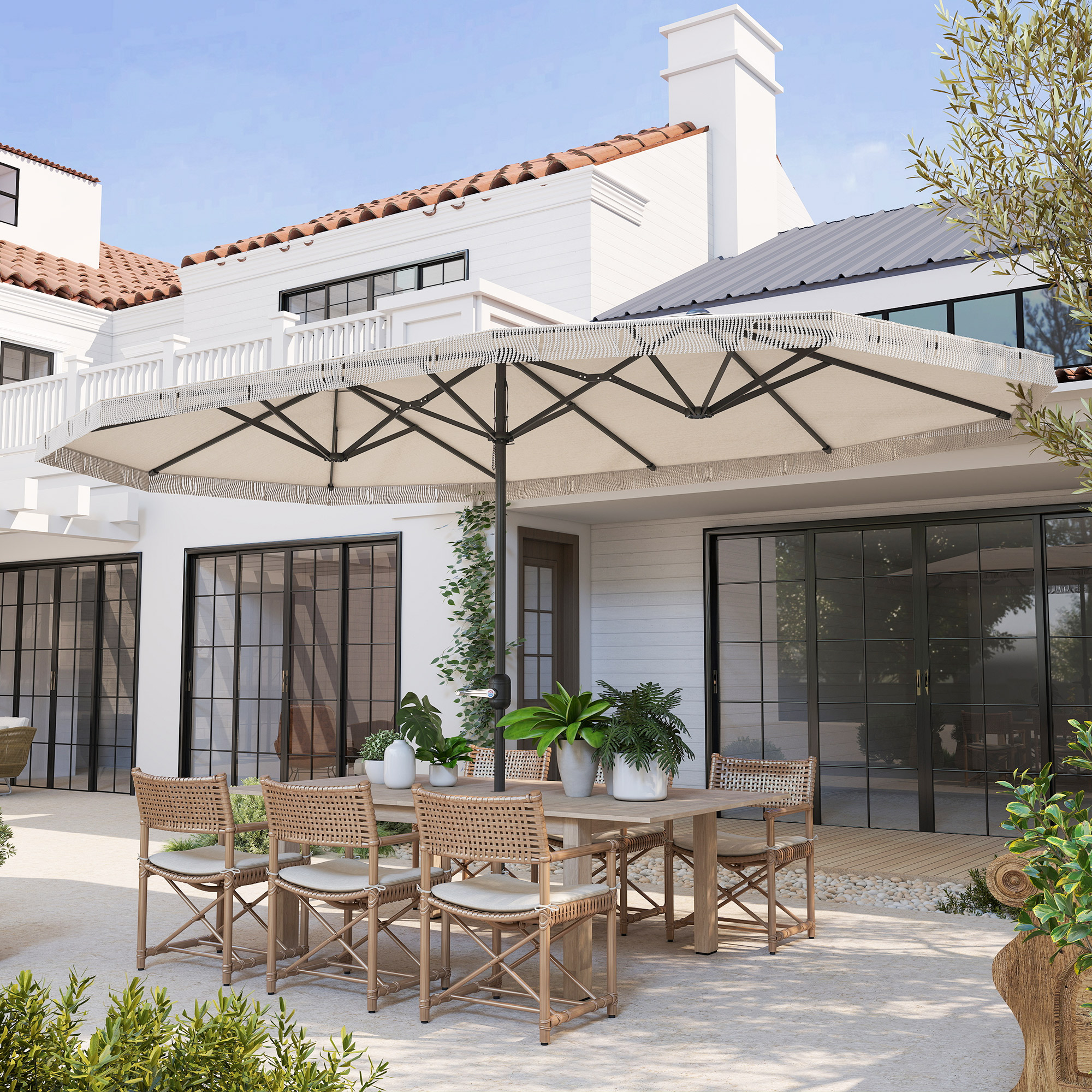  Umbrelon Dublu cu 12 Stecari si Manivela, din Poliester si Otel, 450x265x260 cm, Crem [7]