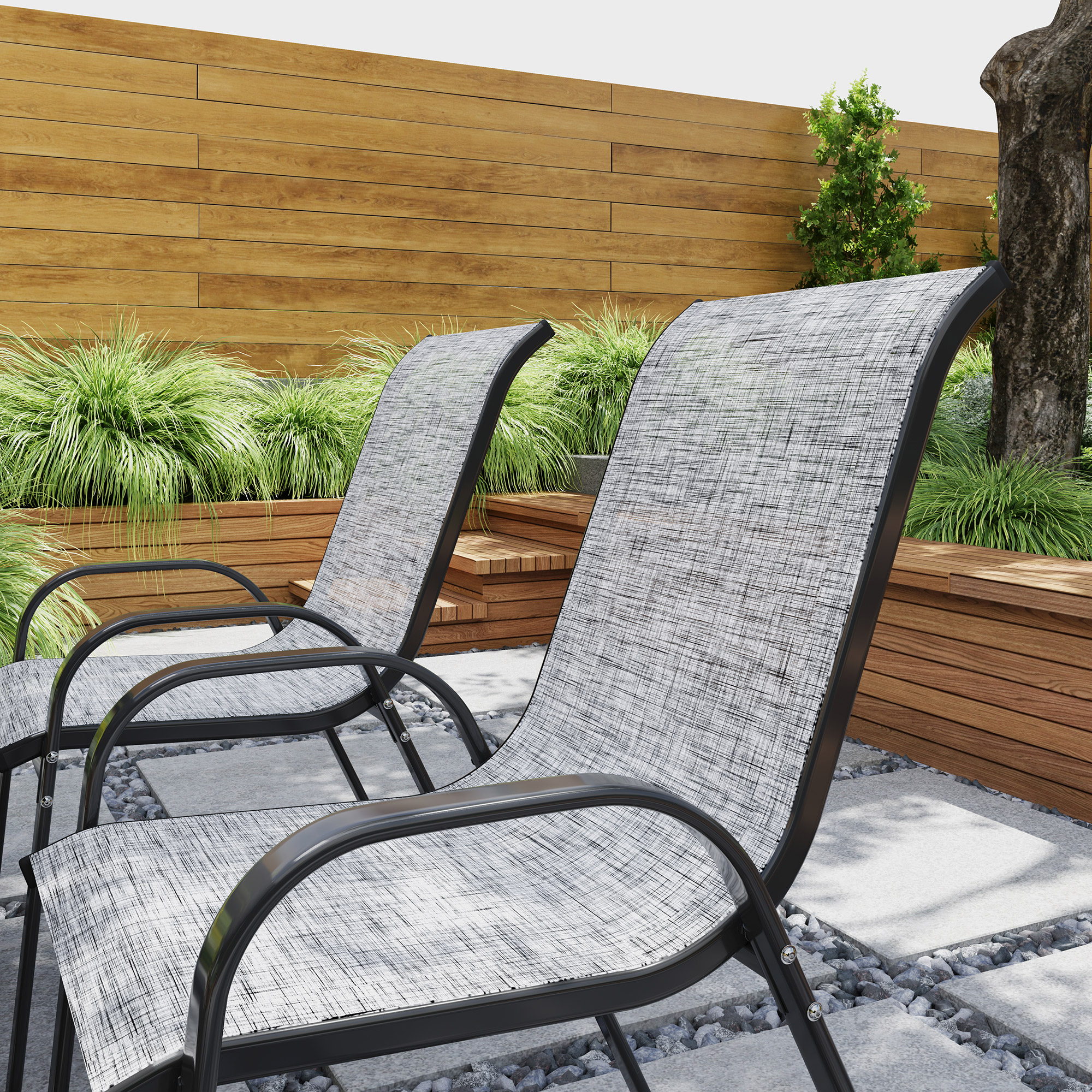  Set 4 Scaune de Gradina Stivuibile cu Brate Curbate, din Otel si Material Respirabil, 54x71x93 cm, Gri [6]