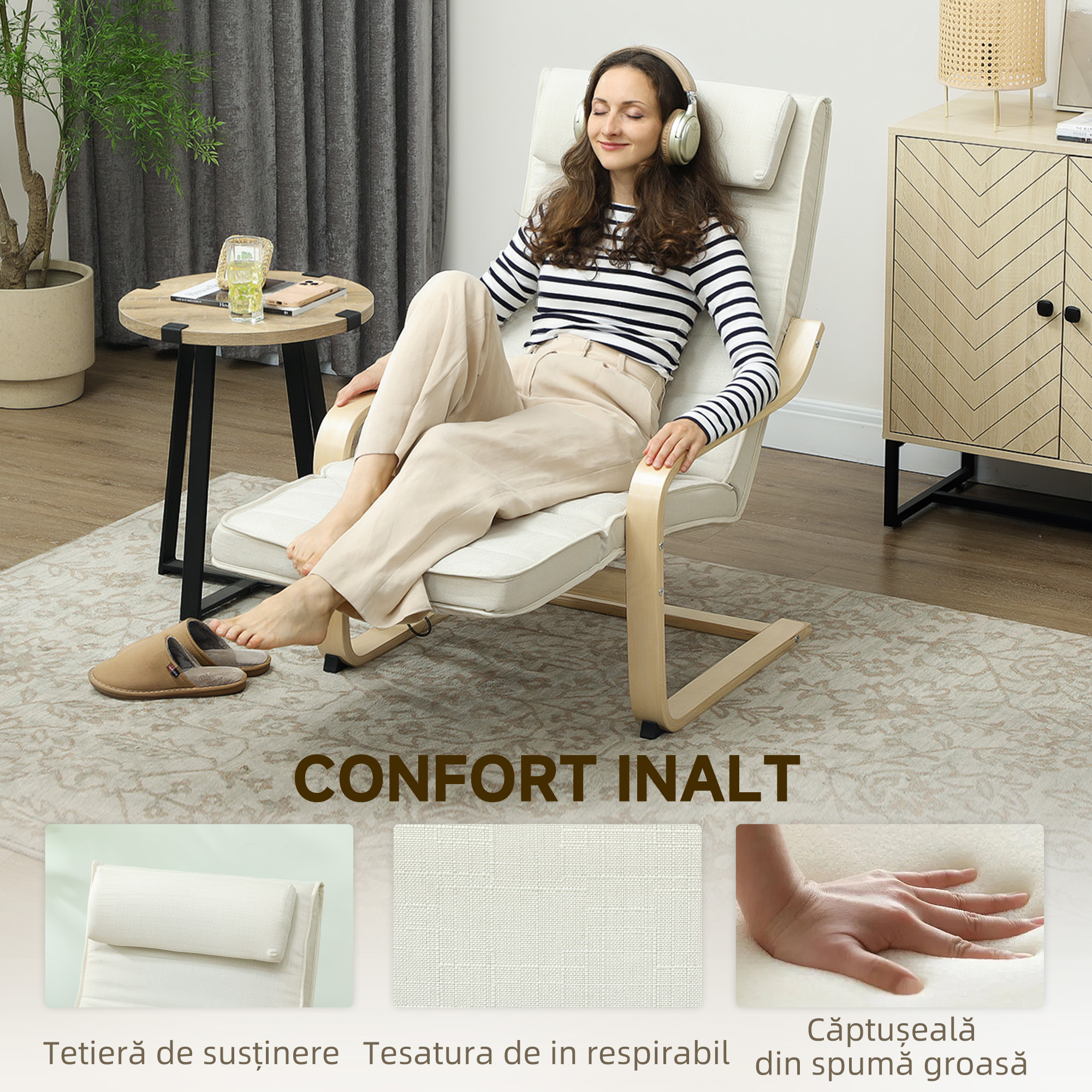  Fotoliu pentru living cu incalzire si suport pentru picioare reglabil Crem Lemn [5]