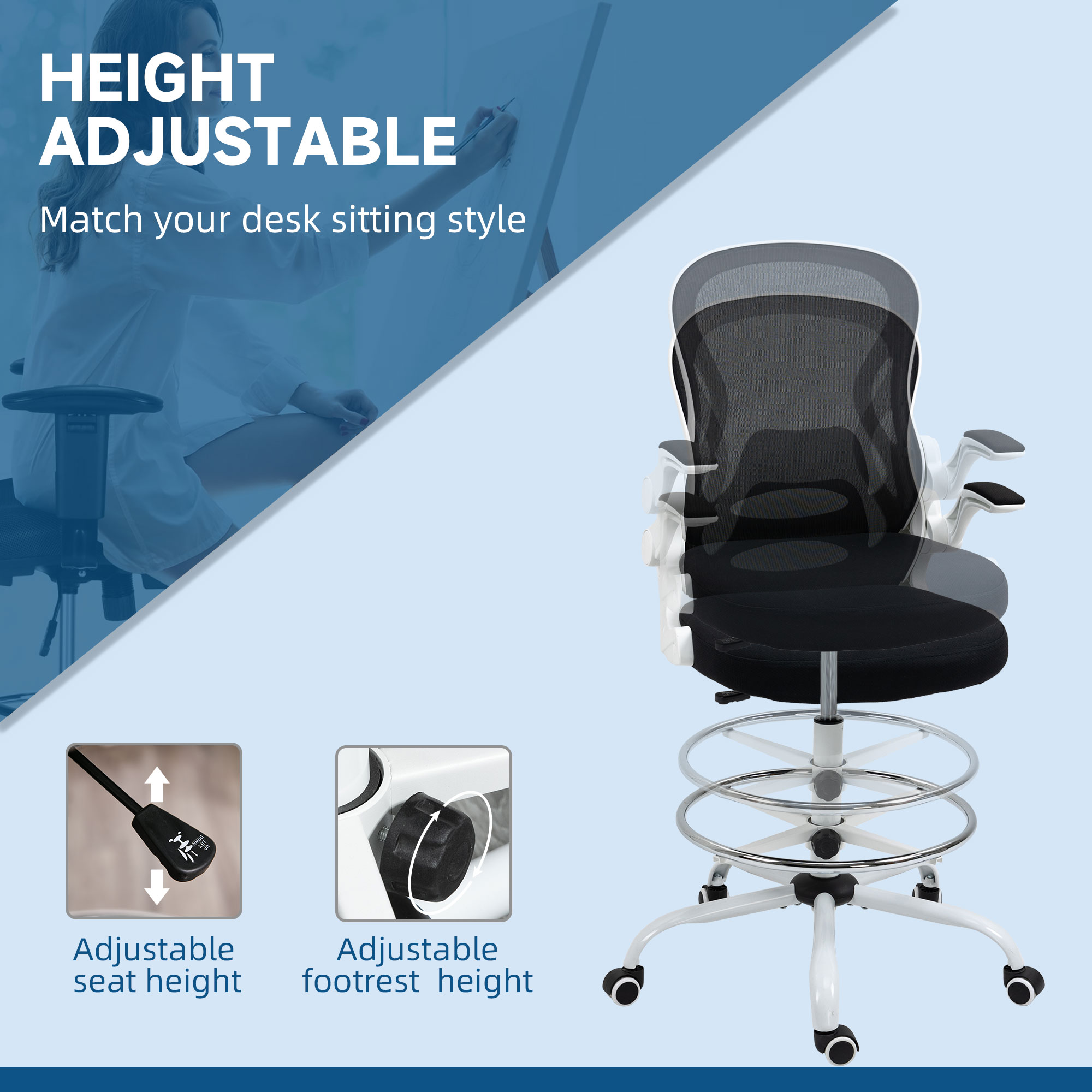  Scaun ergonomic inalt pentru birou, pentru stat in picioare, cotiere rabatabile, suport lombar, inaltime reglabila, negru [3]