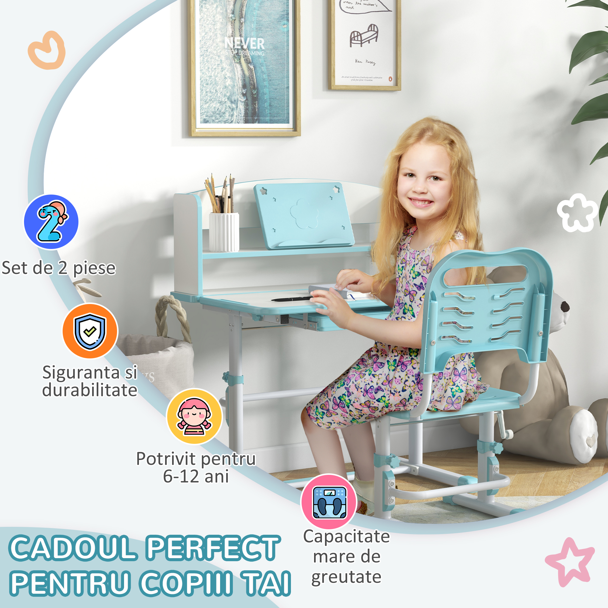  Set Birou si Scaun pentru Copii Reglabil in Inaltime Birou de Studiu pentru Copii pentru Scoala cu Sertar Raft pentru Carti Masa cu Unghi Reglabil [3]