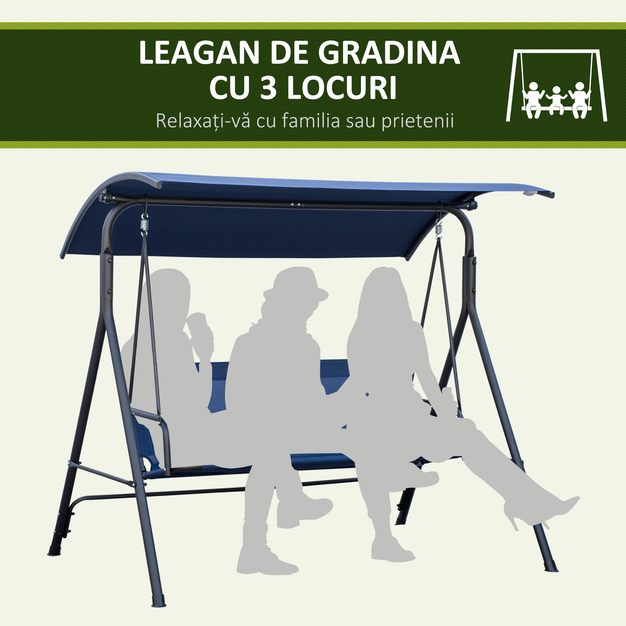  Leagan de Gradina cu 3 Locuri si Acoperis Reglabil din Material si Otel, 172x110x153 cm, Albastru inchis [5]