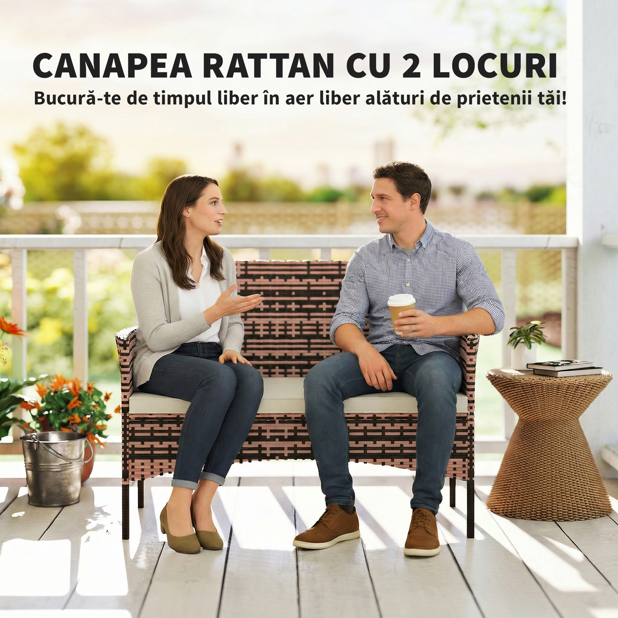  Canapea de Gradina 2 Locuri cu Perne si Tampoane Antiderapante, din Ratan si Otel, 115x63x85 cm, Bej [3]