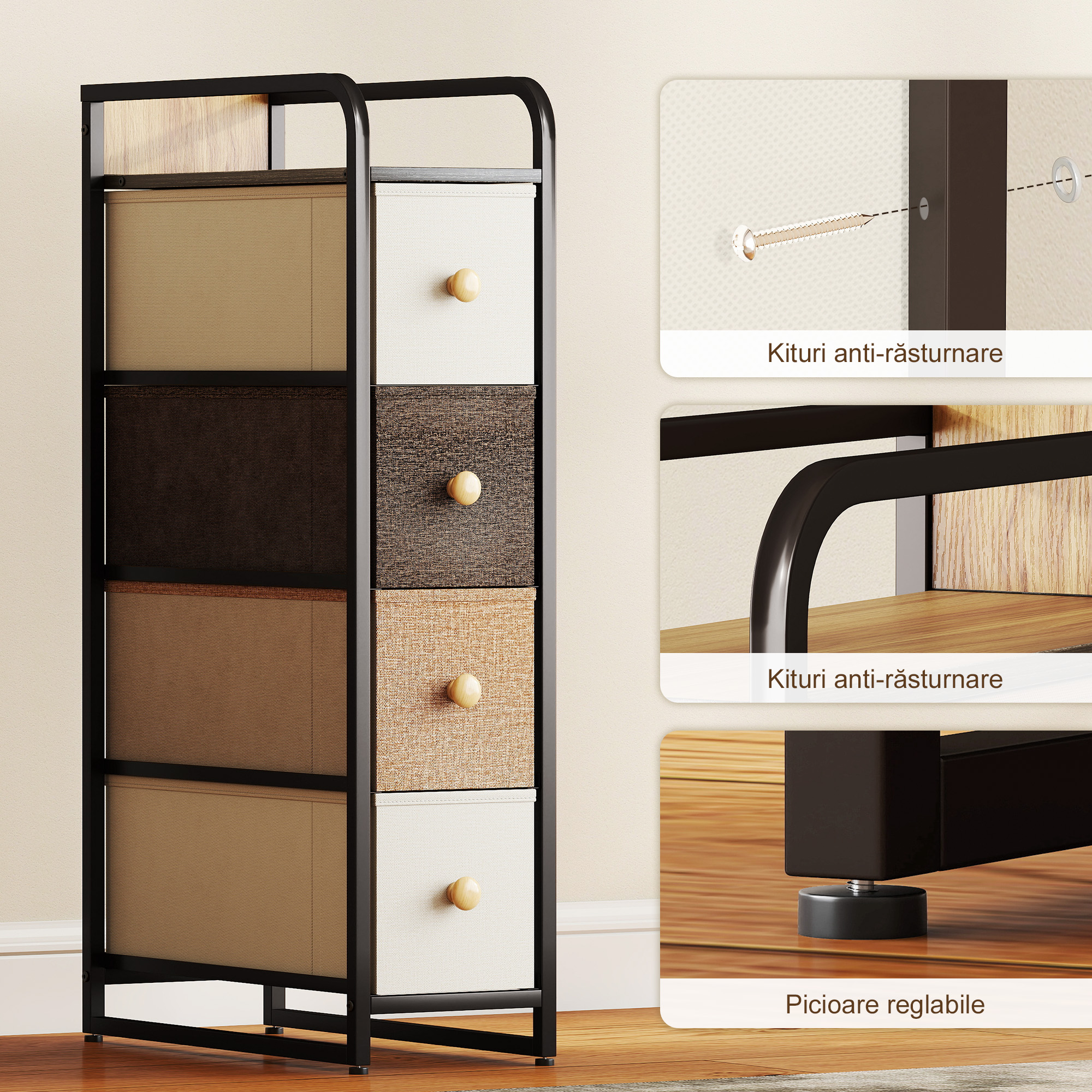  Comoda Slim Salvaspatiu cu 4 Sertare Pliabile din Material Textil, Otel si Lemn, 20x47x84.5 cm, Multicolor [6]