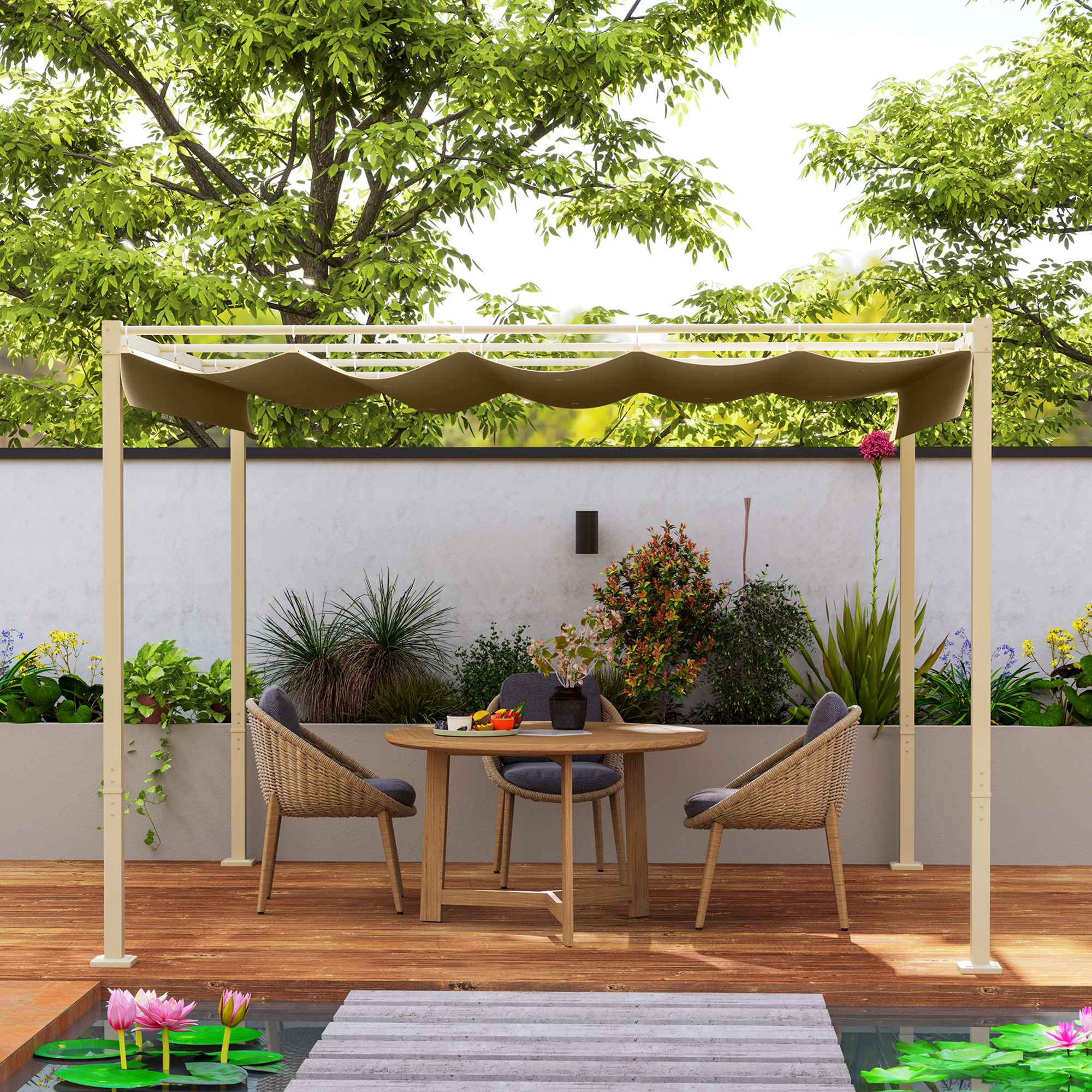  Pergola de Gradina cu Acoperis Retractabil si Sistem de Prindere Magnetic, 298x297x221 cm, Kaki [7]