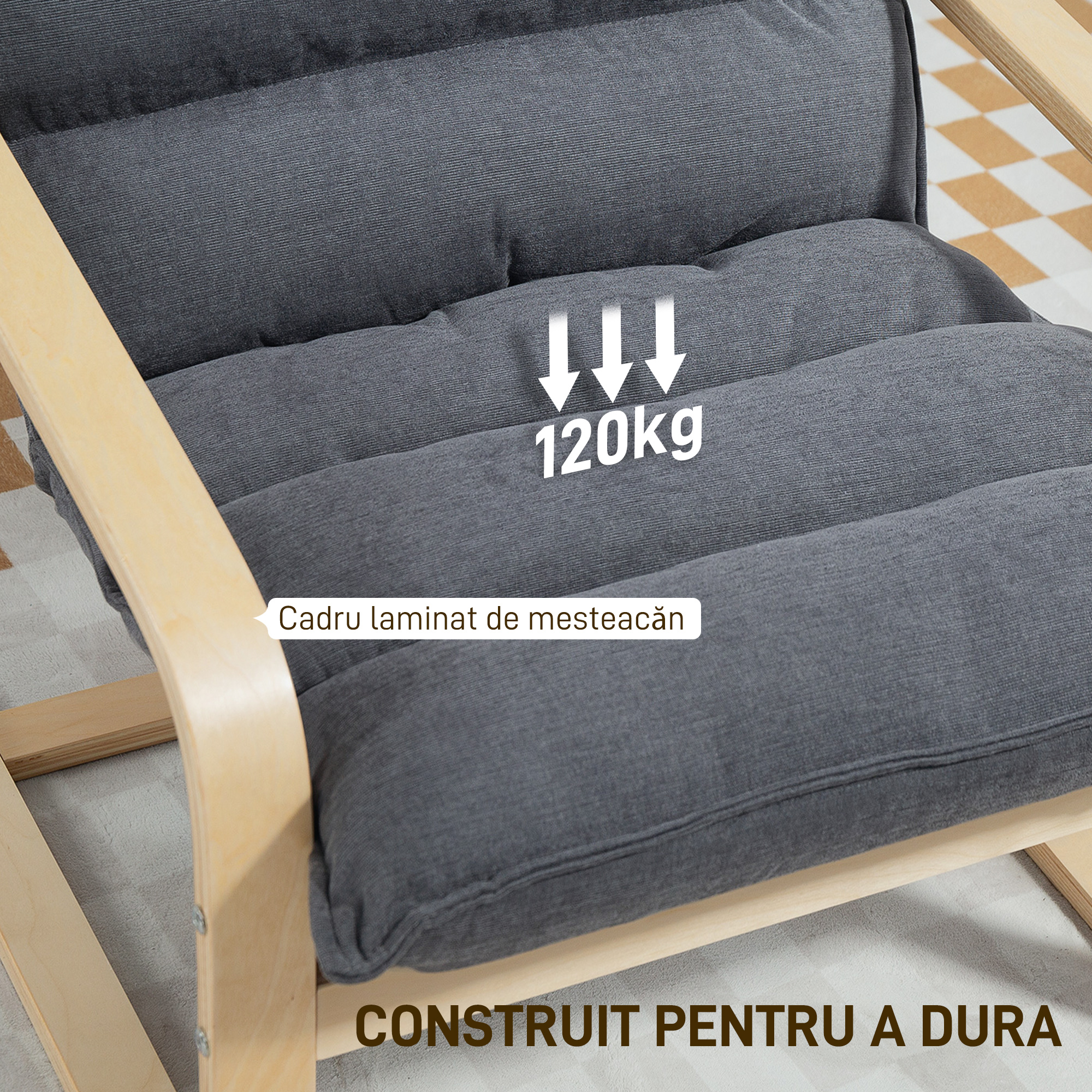  Fotoliu Balansoar Modern cu Manere din Lemn si Perne Groase din Catifea, 67x83x105 cm, Gri [6]