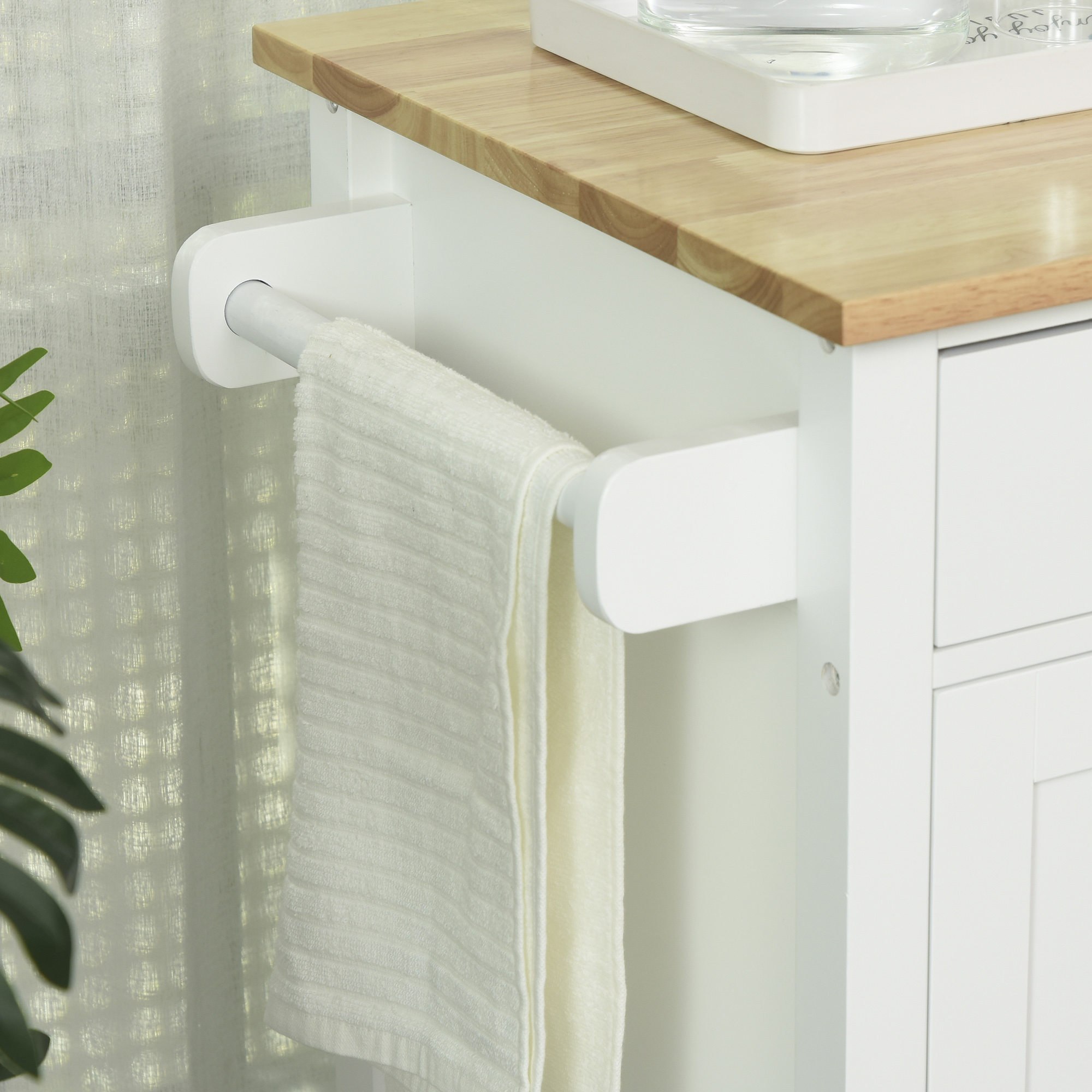  carucior bucatarie cu 4 roti, 3 rafturi, pentru bucatarie si sufragerie,107×48×89 cm, din MDF, Lemn de cauciucalba, alb [7]