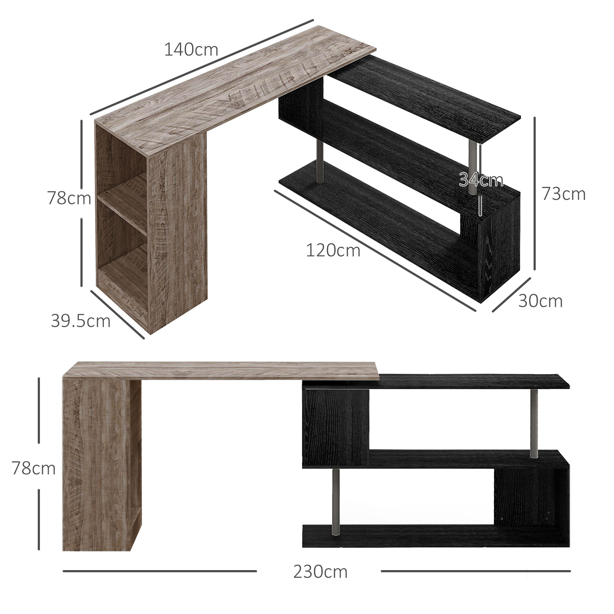  Birou de colt compact cu raft in forma de S, din lemn, 140x120x78 cm, gri cu aspect de lemn [2]