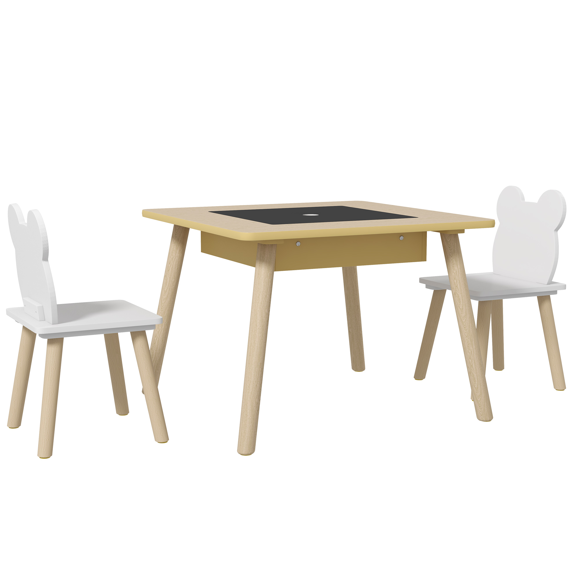 Dormitor & birou -  Set Masa si 2 Scaune pentru Copii 3-6 ani, cu Tabla de Scris si Loc de Depozitare, 60x60x44 cm, Lemn Natural