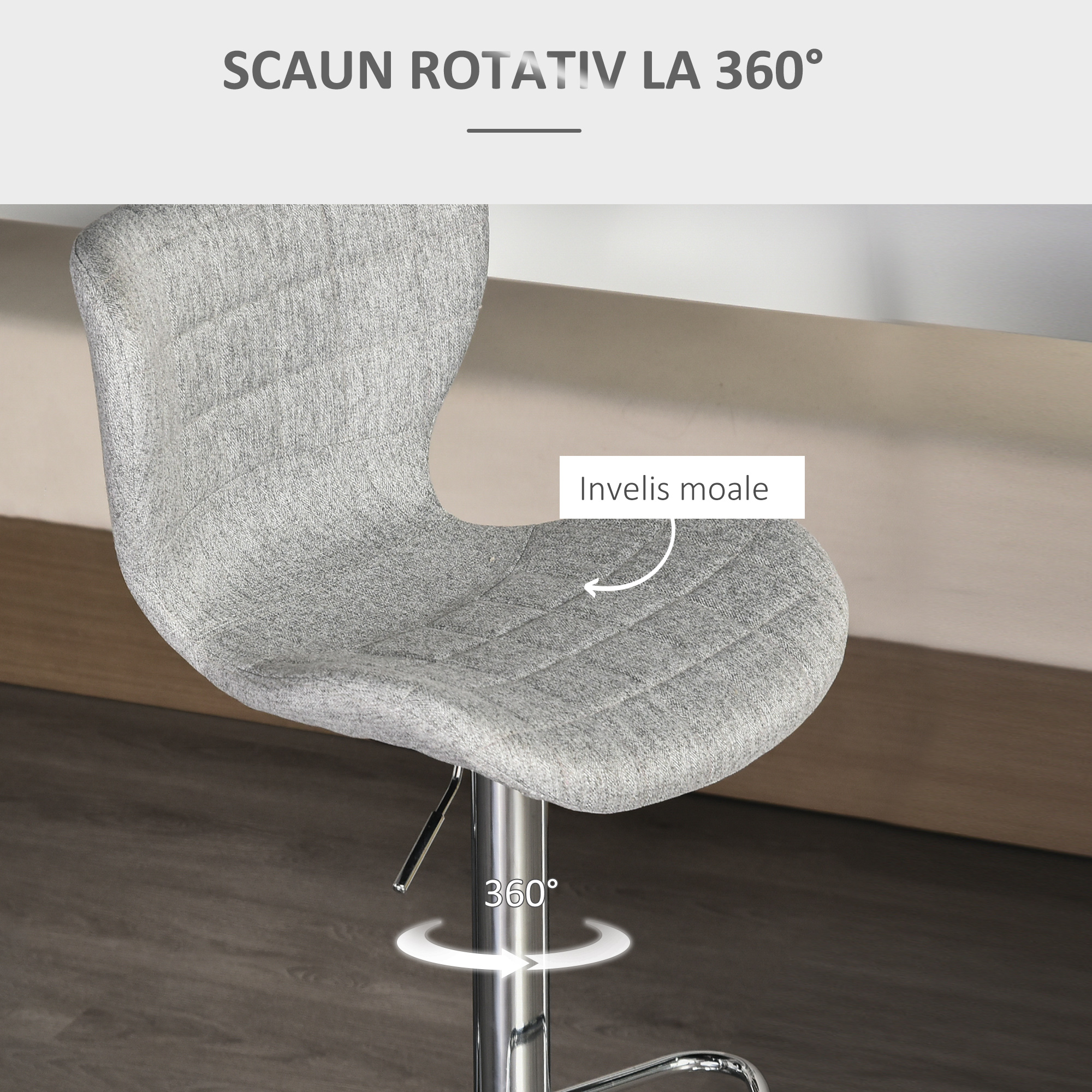  Set 2 Scaune Bar Gri - Reglabile, Cu Spatar & Suport Picioare [5]