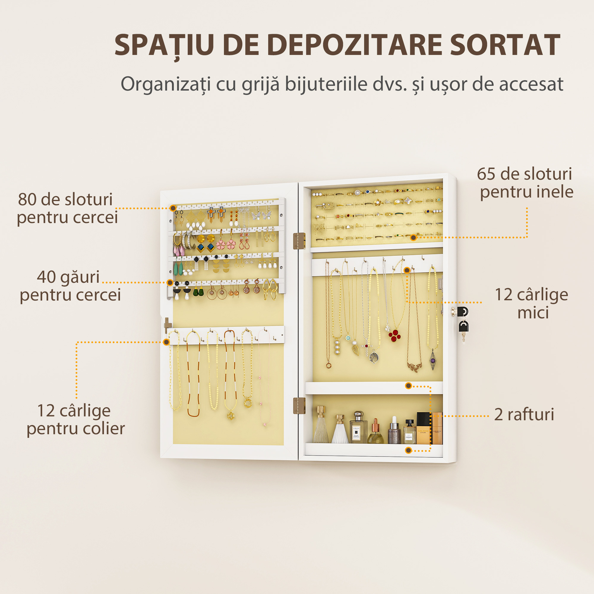  Dulapior Oglinda pentru Bijuterii Montabil pe Perete cu 2 Chei, din MDF, Alb [4]