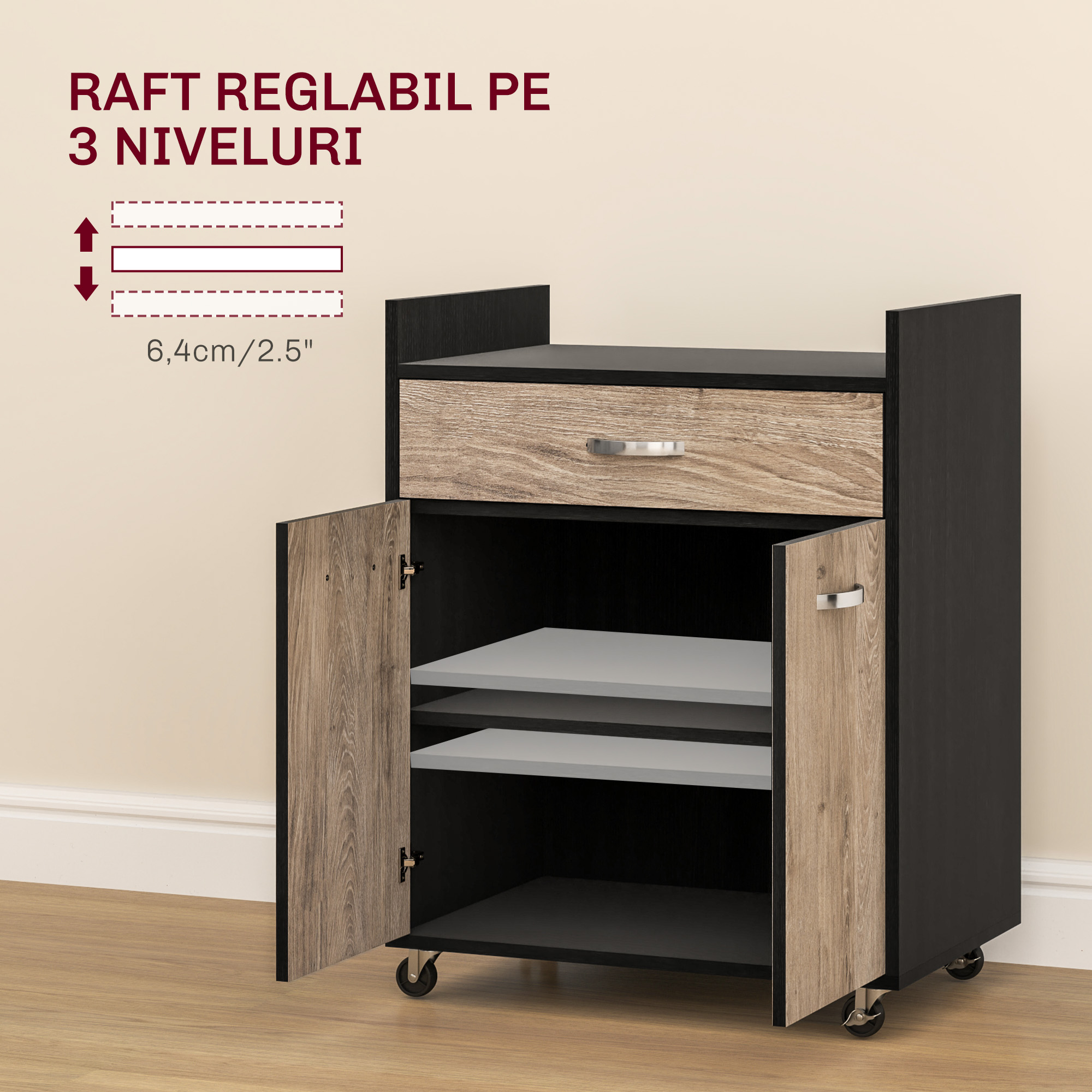  Dulap de Bucatarie cu Sertar, Dulap si 4 Roti din Lemn, 60x40x77 cm, Negru [4]