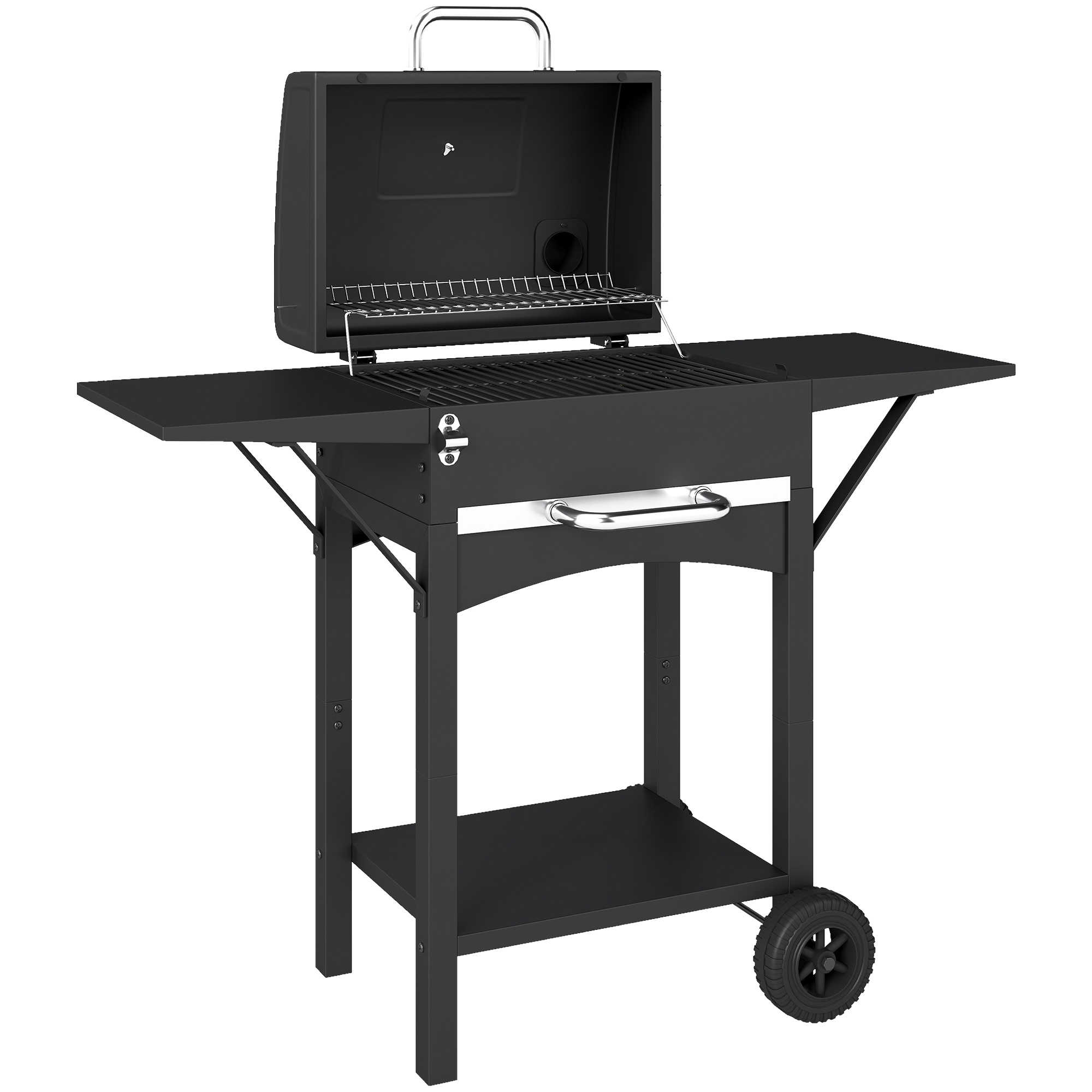 Gradina & balcon -  Gratar cu Carbuni, cu 2 Rafturi Laterale, Termometru, Capac si Roti, 110x46.5x101 cm, Negru