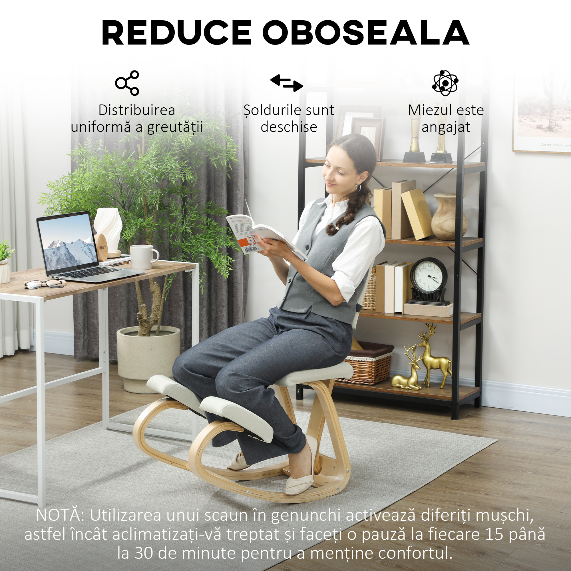  Scaun de Genunchi Oscilant imbracat in tesatura Efect de In si Lemn de Mesteacan, 51x84x93 cm, Crem [5]