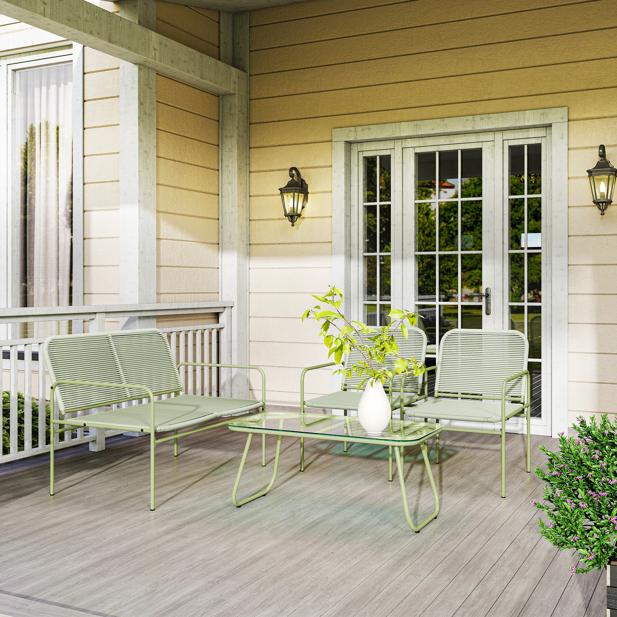  Set Exterior din Ratan PE cu Canapea, 2 Fotolii si Masuta cu Blat din Sticla, Verde [8]