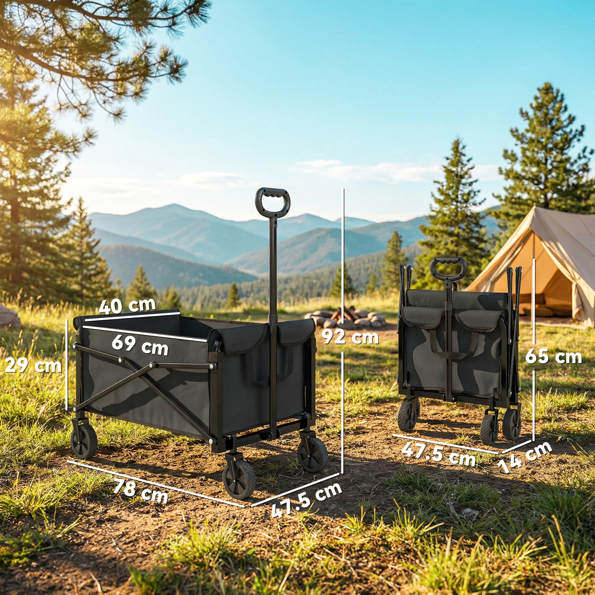  Carucior de Gradina 80L Pliabil cu Maner Reglabil, din Metal si tesatura Oxford, 78x47.5x92 cm, Negru [2]