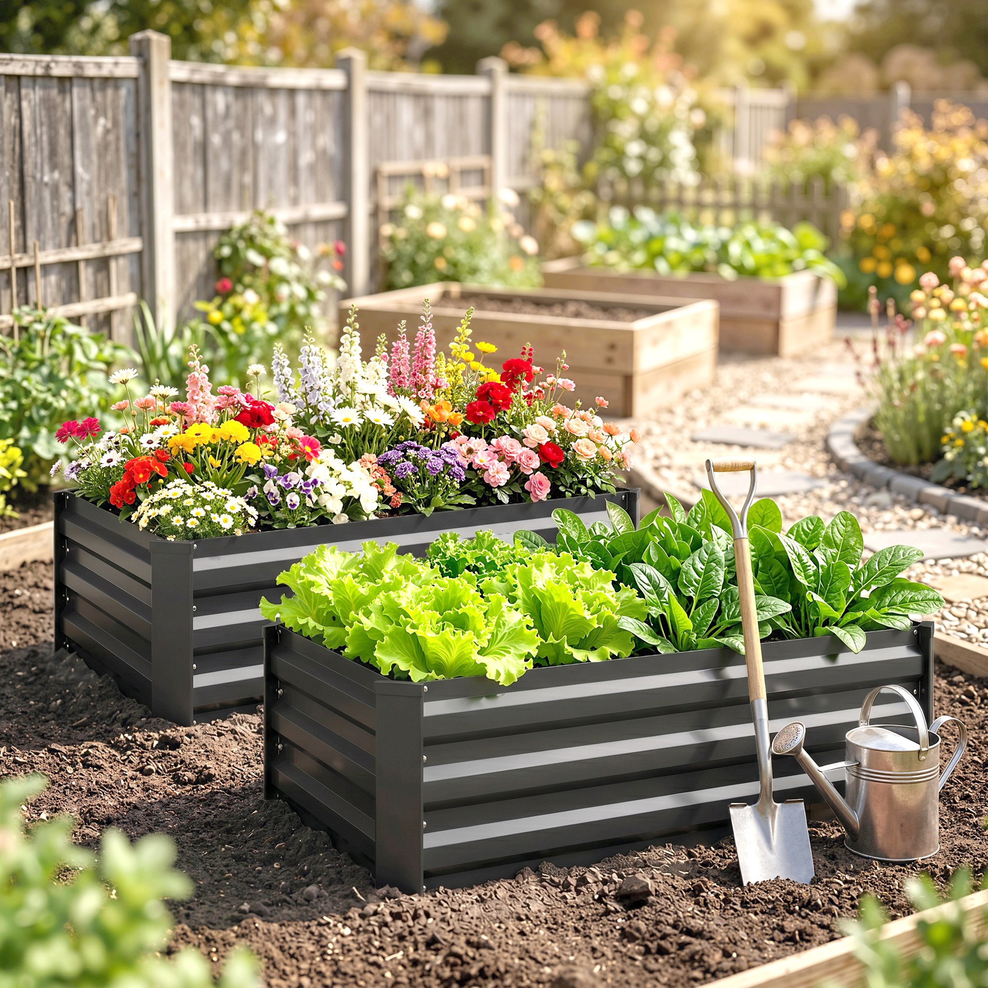  Set de 2 jardiniere pentru gradina cu fund deschis, din otel galvanizat, 100x60x30cm, gri [7]