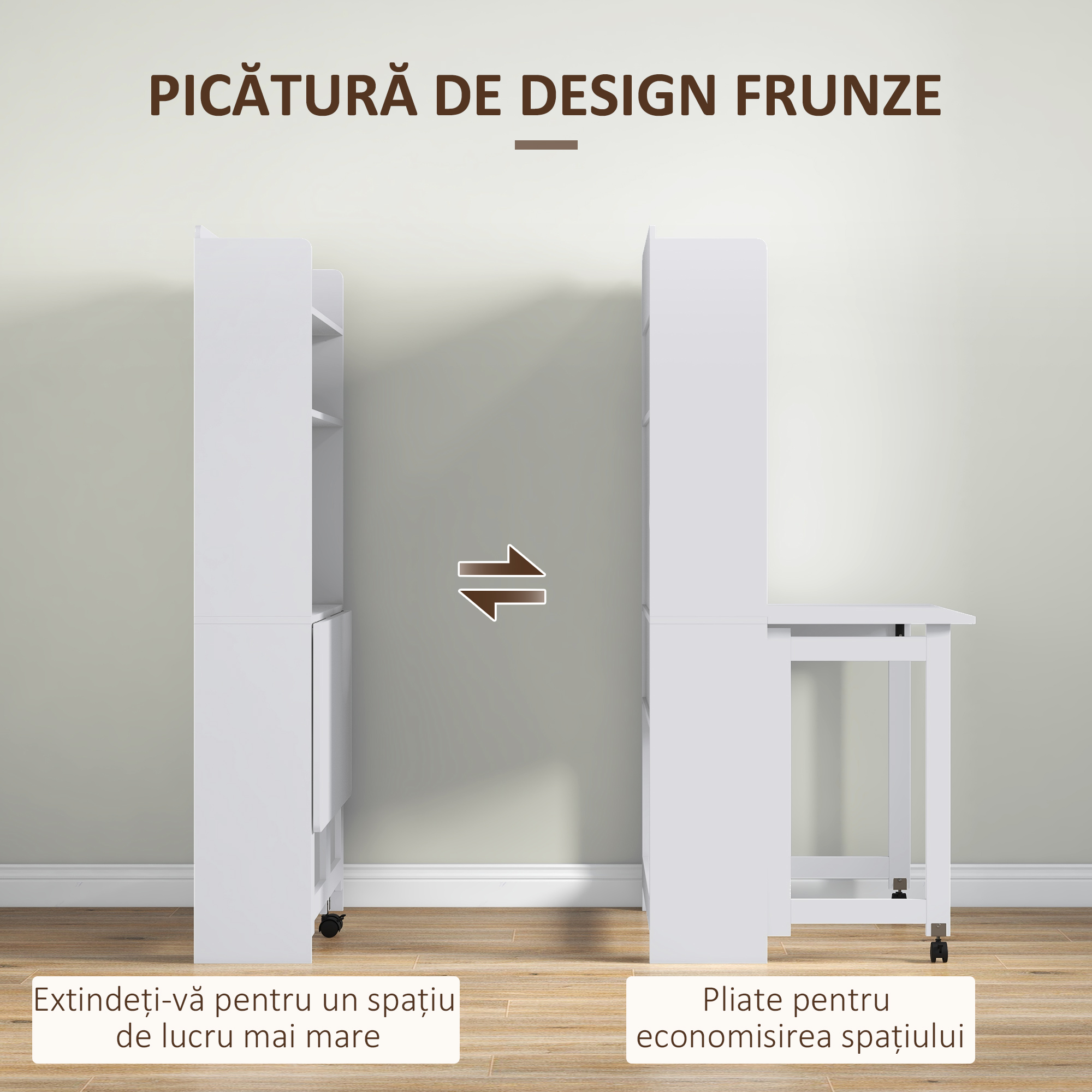  Birou cu Rafturi, Blat Pliabil, 2 Roti si 4 Rafturi, Birou Compact Modern cu Orificiu pentru Cabluri, Masa pentru Computer, Acasa Birou Studio Dormitor, 80x69x155 cm, Alb [3]