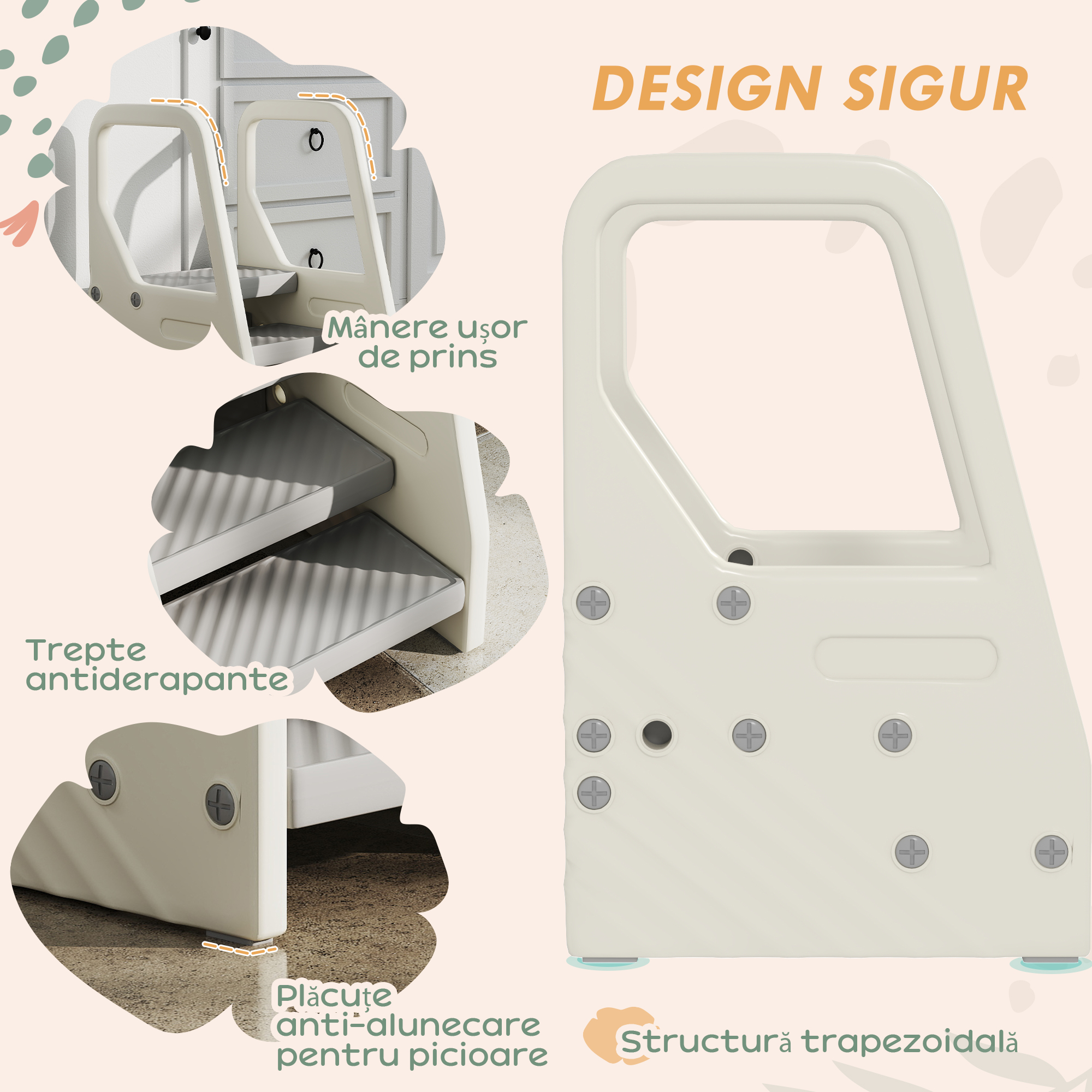  Scaunel pentru copii 2-5 ani cu 3 trepte, din HDPE, 43x42x65,5 cm, gri si alb crem [5]