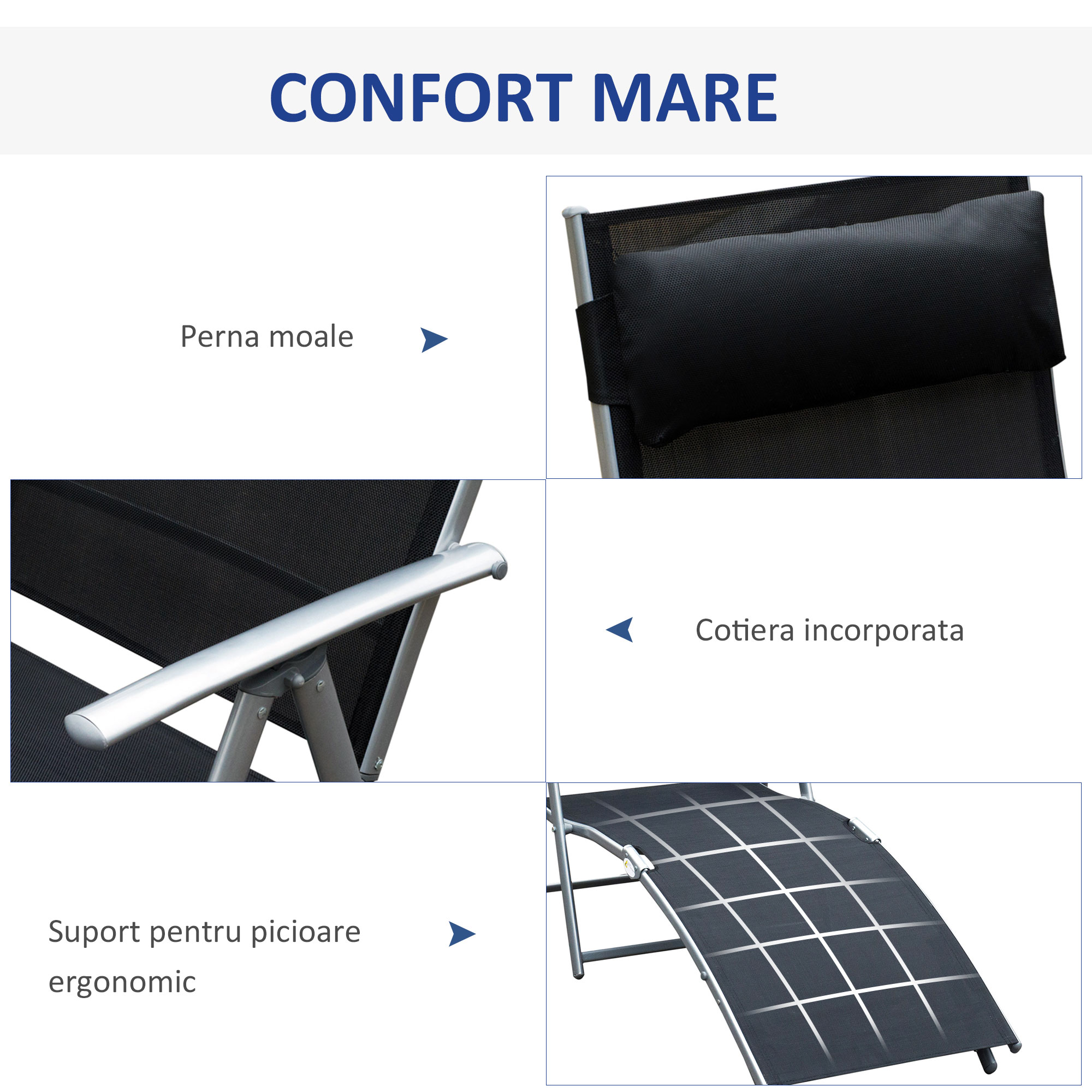  sezlong de Gradina Pliabil cu Perna si Spatar cu 7 Pozitii de inclinare, 137x63.5x100.5 cm, Negru [4]