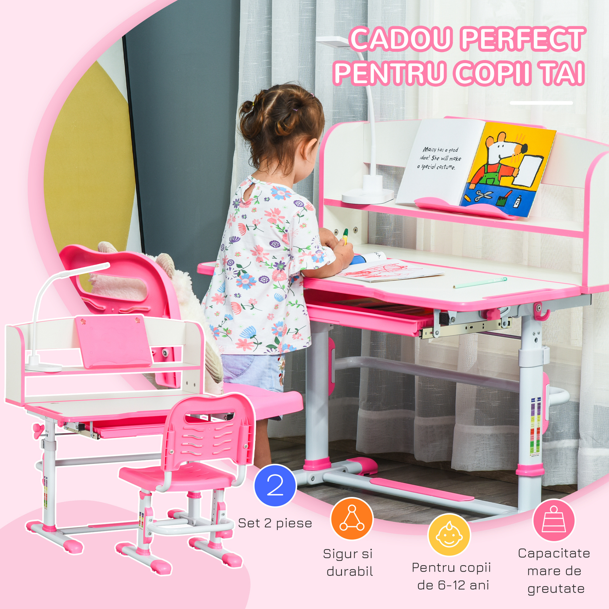  Set Banca si Scaun pentru Copii 6-12 Ani, Reglabile pe inaltime cu Blat inclinabil la 45°, 80x54,5x82-104 cm, Roz [3]