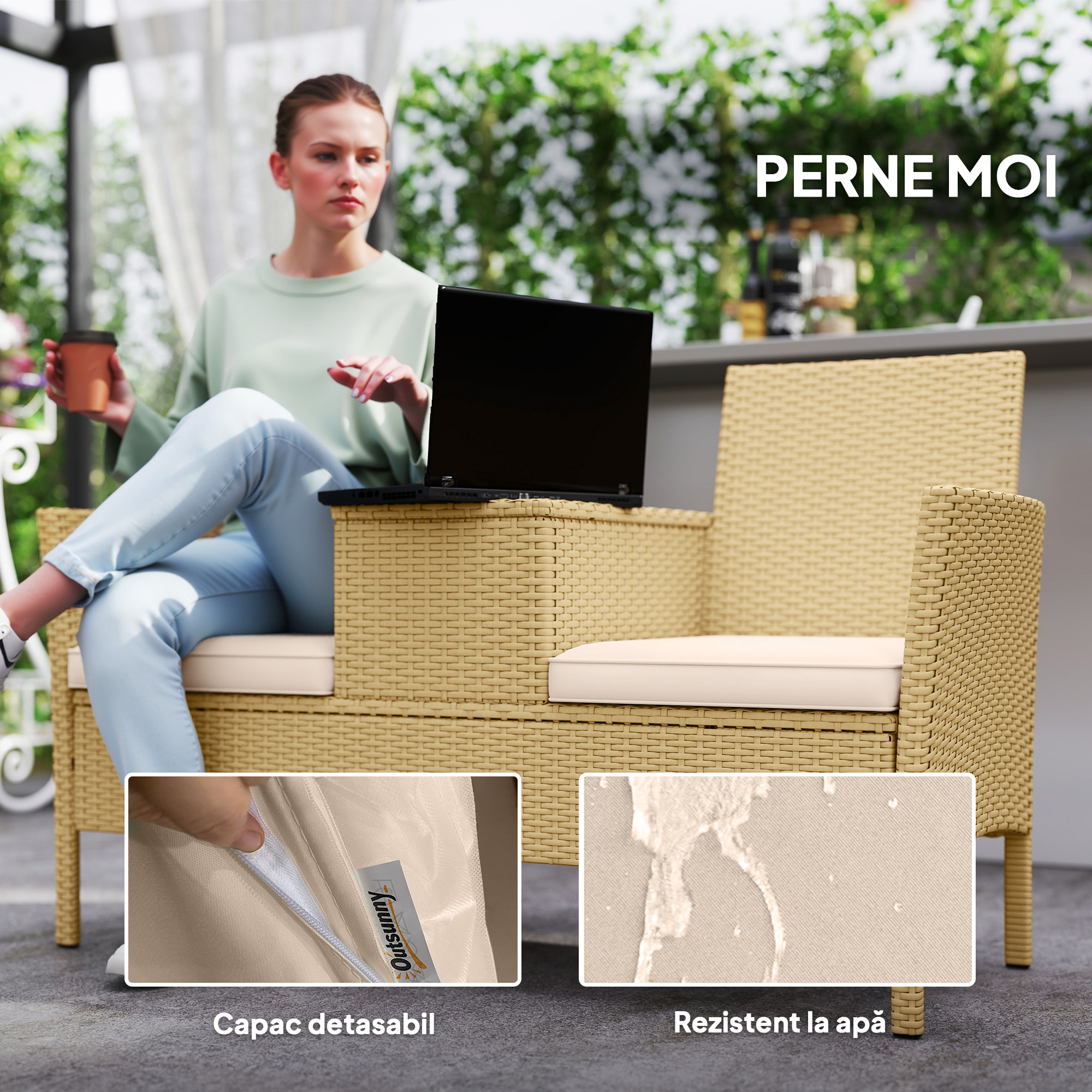  Banca de Exterior cu Masuta Rabatabila si Spatiu Depozitare Crem si Kaki [6]