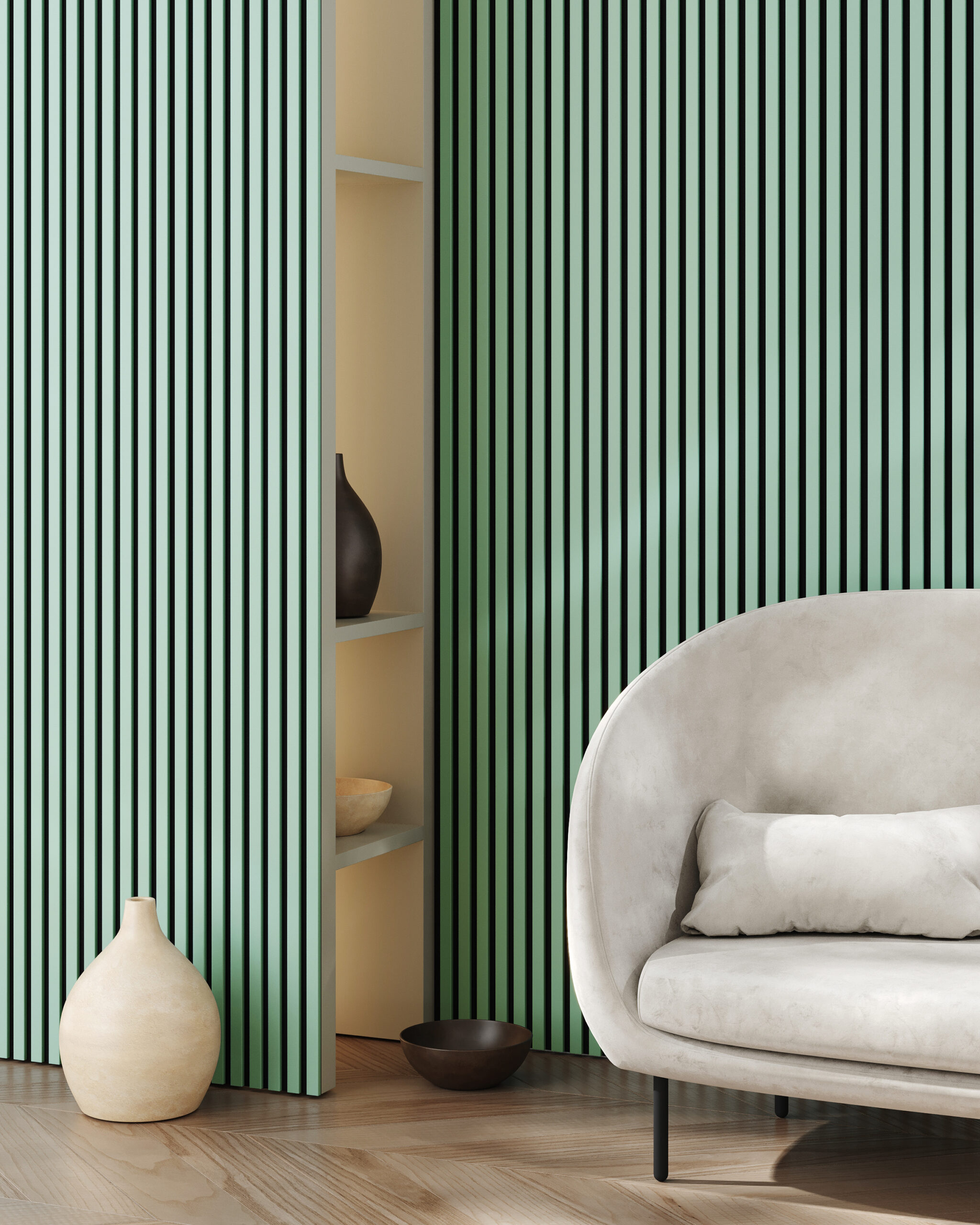 Riflaj MDF decorativ LDA PREMIUM de tip Panou Acustic, Verde Salvie, 260x40 cm [2]