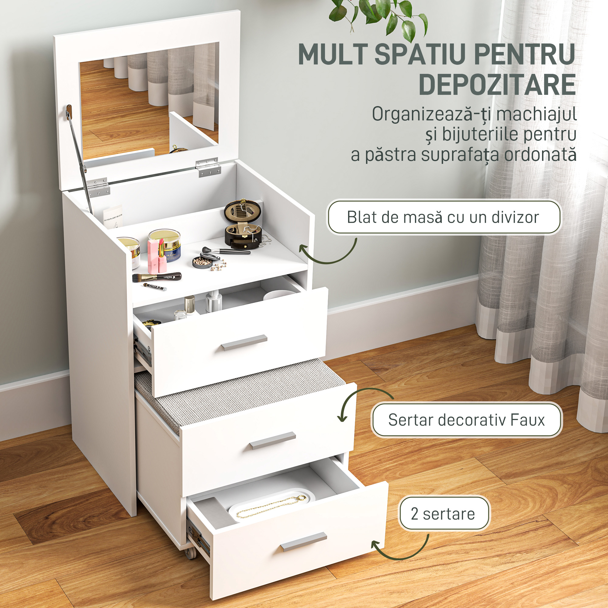  Masa de Machiaj din Lemn cu Oglinda Rabatabila, 2 Sertare si Taburet, 50x40x113,5 cm, Alb [5]