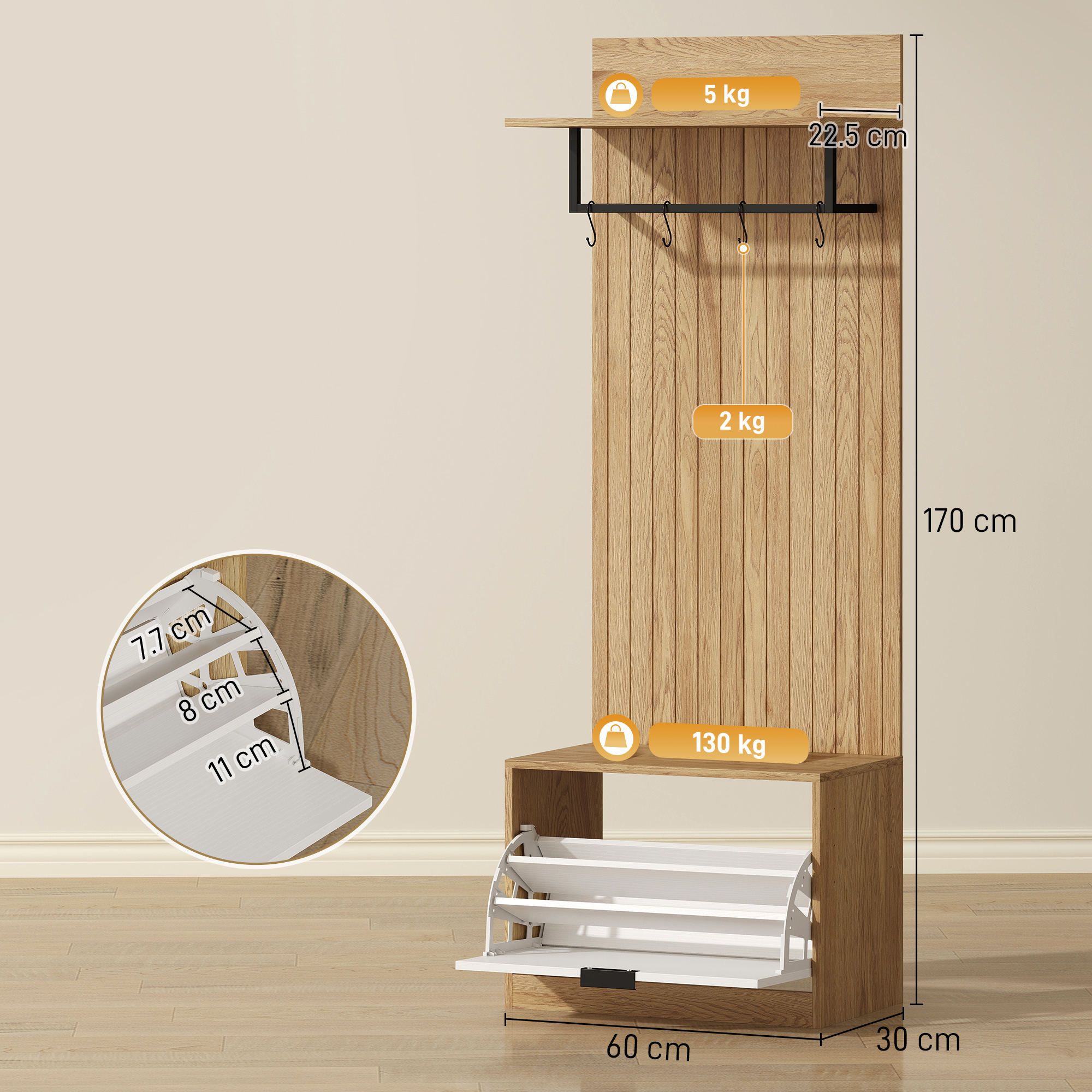  Cuier de Hol cu Pantofar Rabatabil, Cuier cu Banca, 4 Carlige si Rafturi pentru Pantofi, Organizator Modern pentru Hol si Coridor, Stejar si Alb [2]