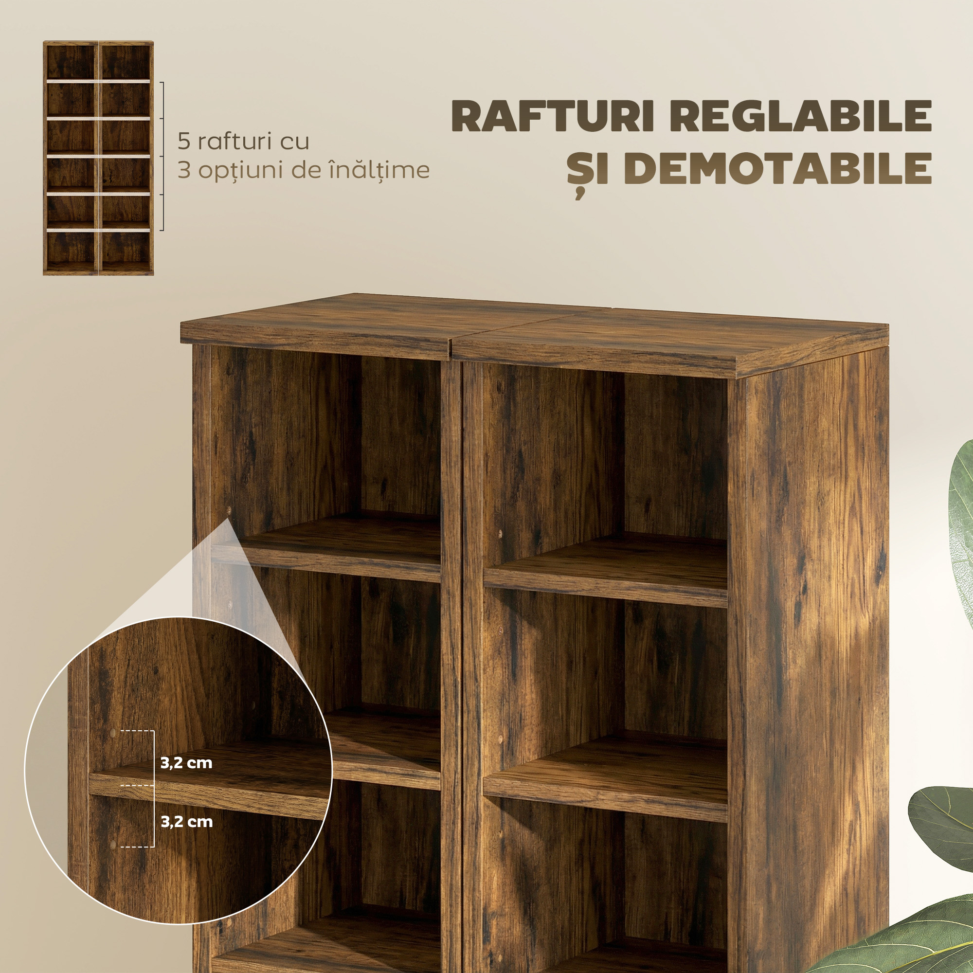  Set 2 Rafturi pentru CD-uri cu Polite Reglabile pentru 204 CD-uri din Lemn, 21x22,5x88,5 cm, Maro Rustic [5]