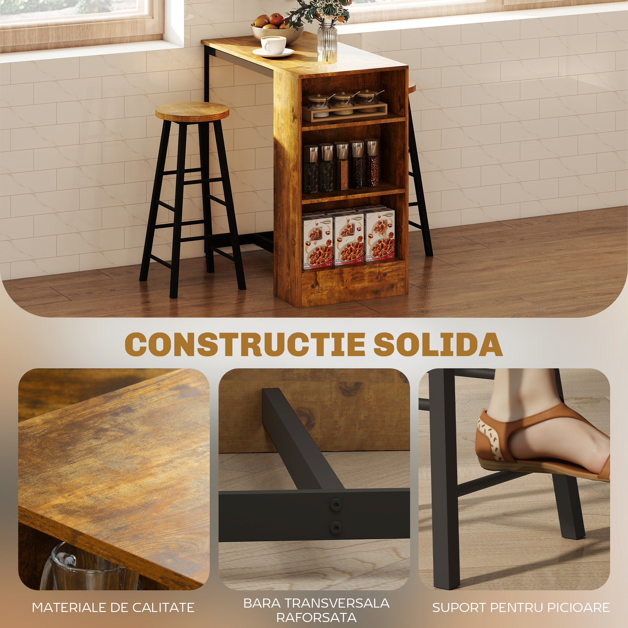  Set de masa cu bar cu 3 rafturi si 2 scaune inalte cu suport pentru picioare, stil industrial, maro [4]