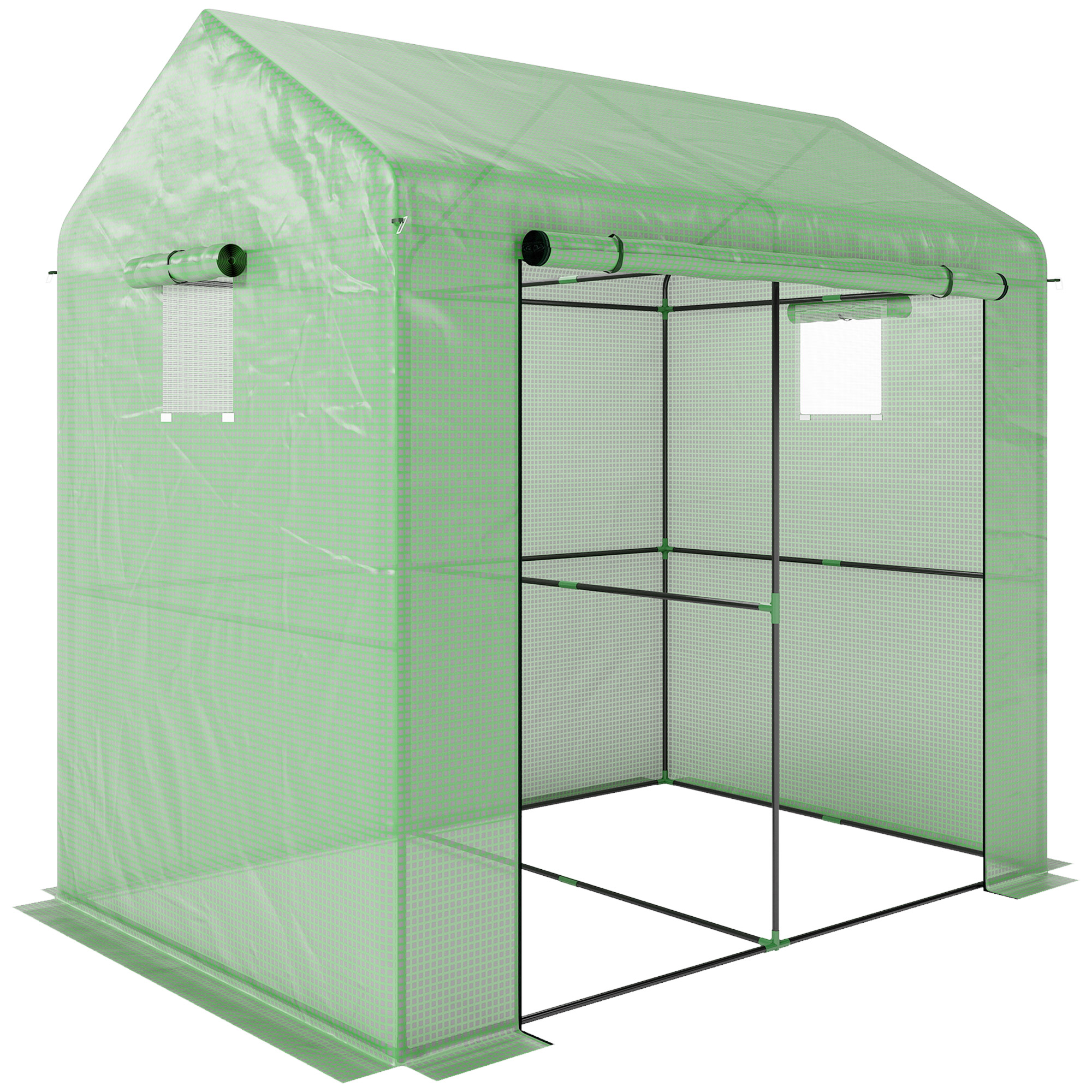 Gradina & balcon -  Sera tip casuta cu 2 sectiuni, cu usa si ferestre rulabile, din otel si PE, 200x140x200 cm, verde