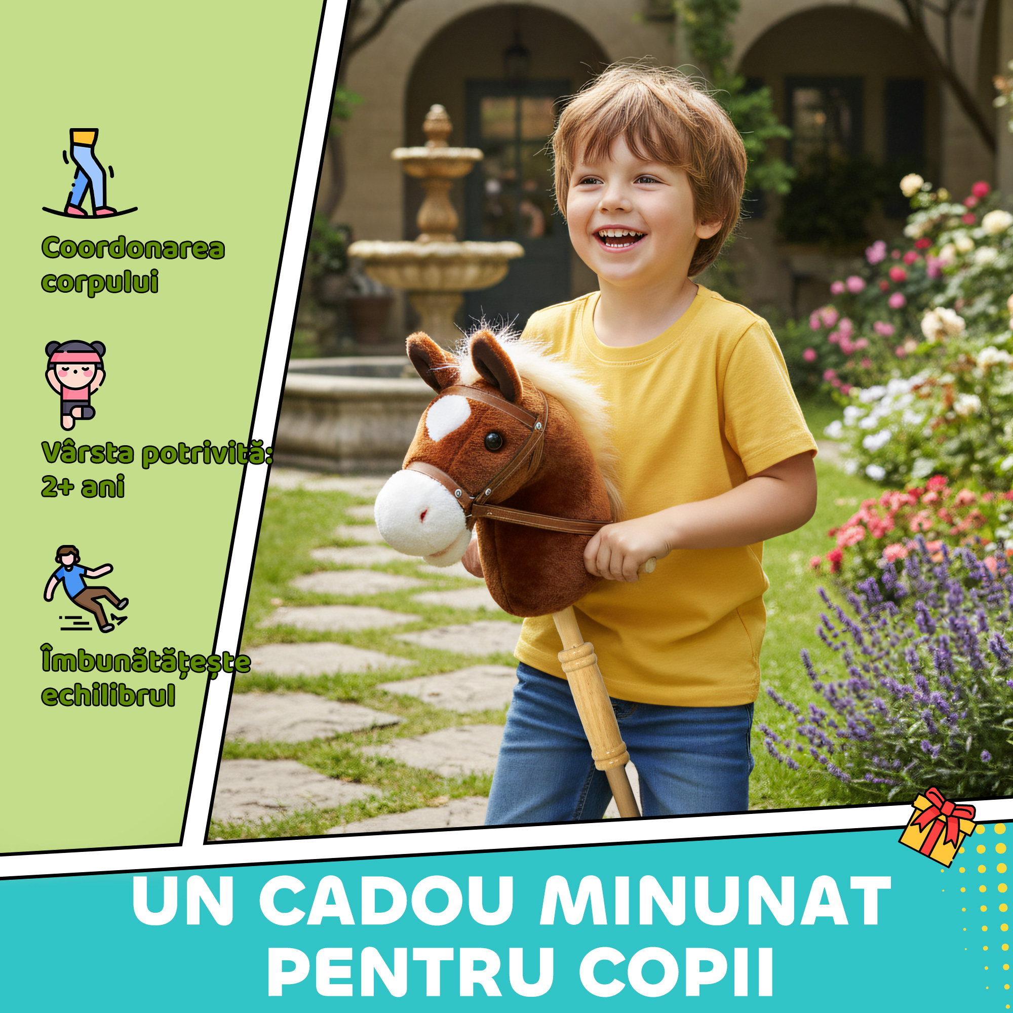  Cal cu Bat si Sunete Realiste pentru Copii 24+ Luni, din Poliester si Lemn, 95x25x27 cm, Maro [6]