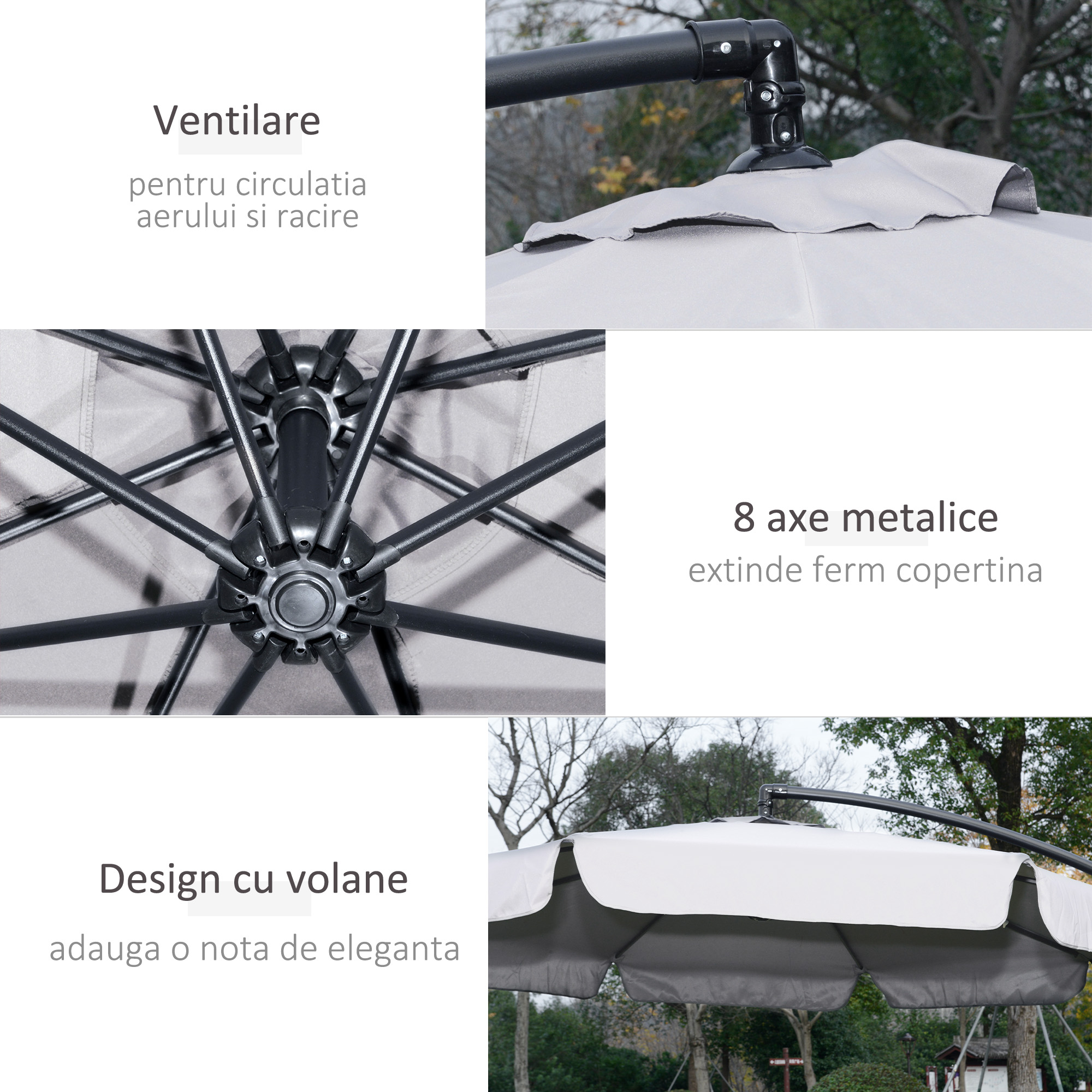 Umbrela de gradina suspendata cu deschidere cu manivela, din metal si poliester, Ø2,7x2,7 m, gri [5]