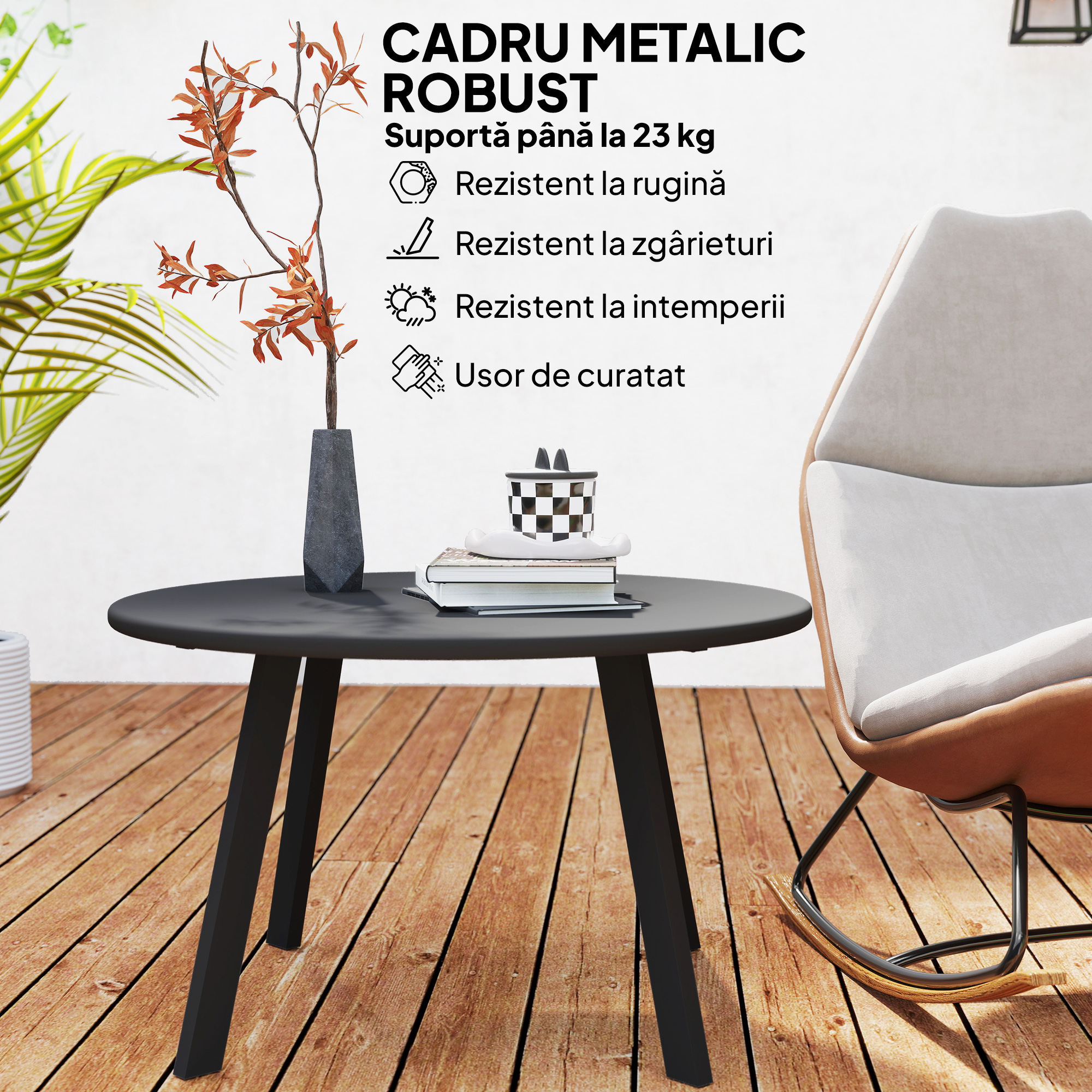  Masuta de Gradina Rotunda in Stil Industrial cu Picioare Antiderapante, Ø70x42 cm, Negru [4]