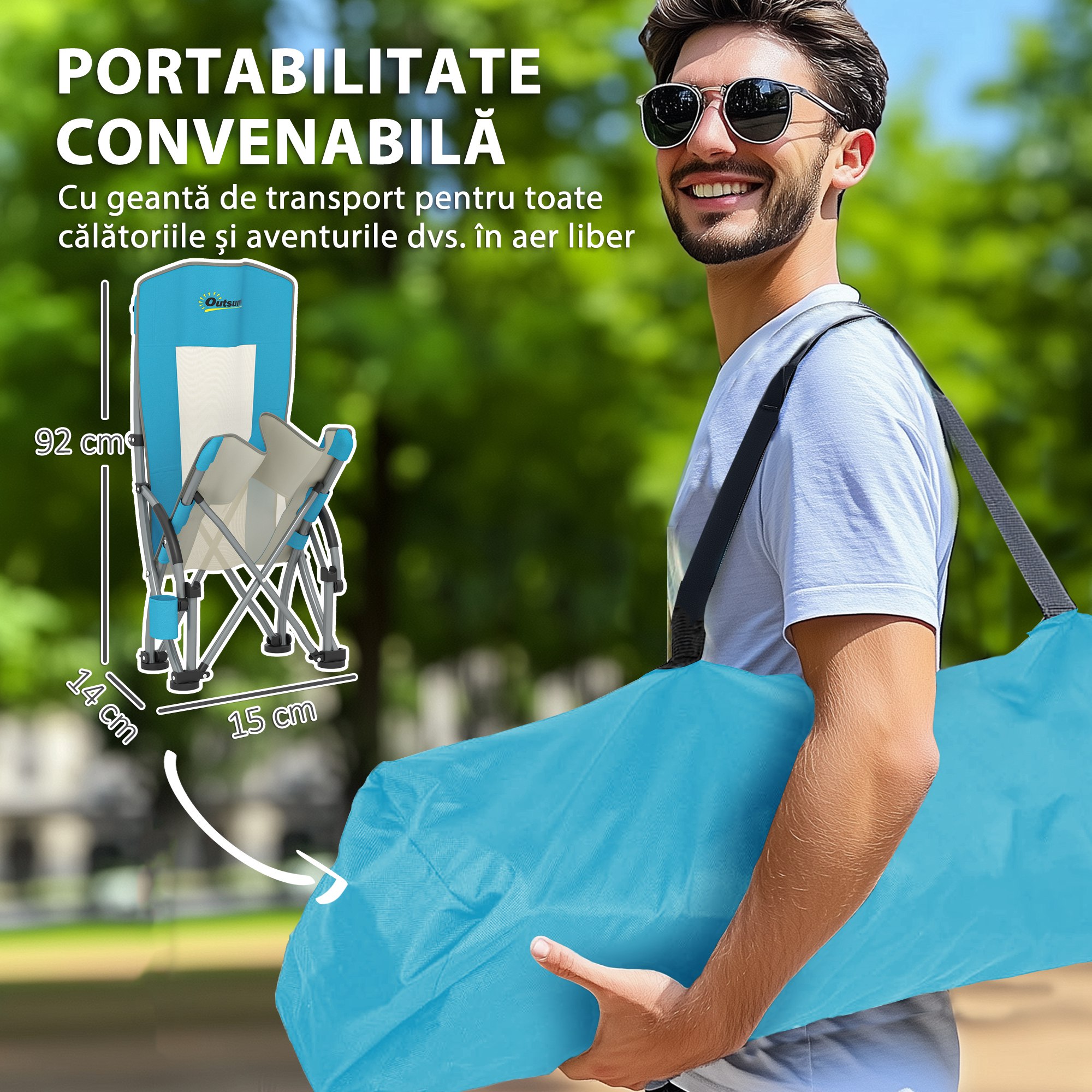  Set de 2 Scaune Pliabile de Plaja cu Brate si Suport de Pahar si Geanta de Transport, Albastru [3]