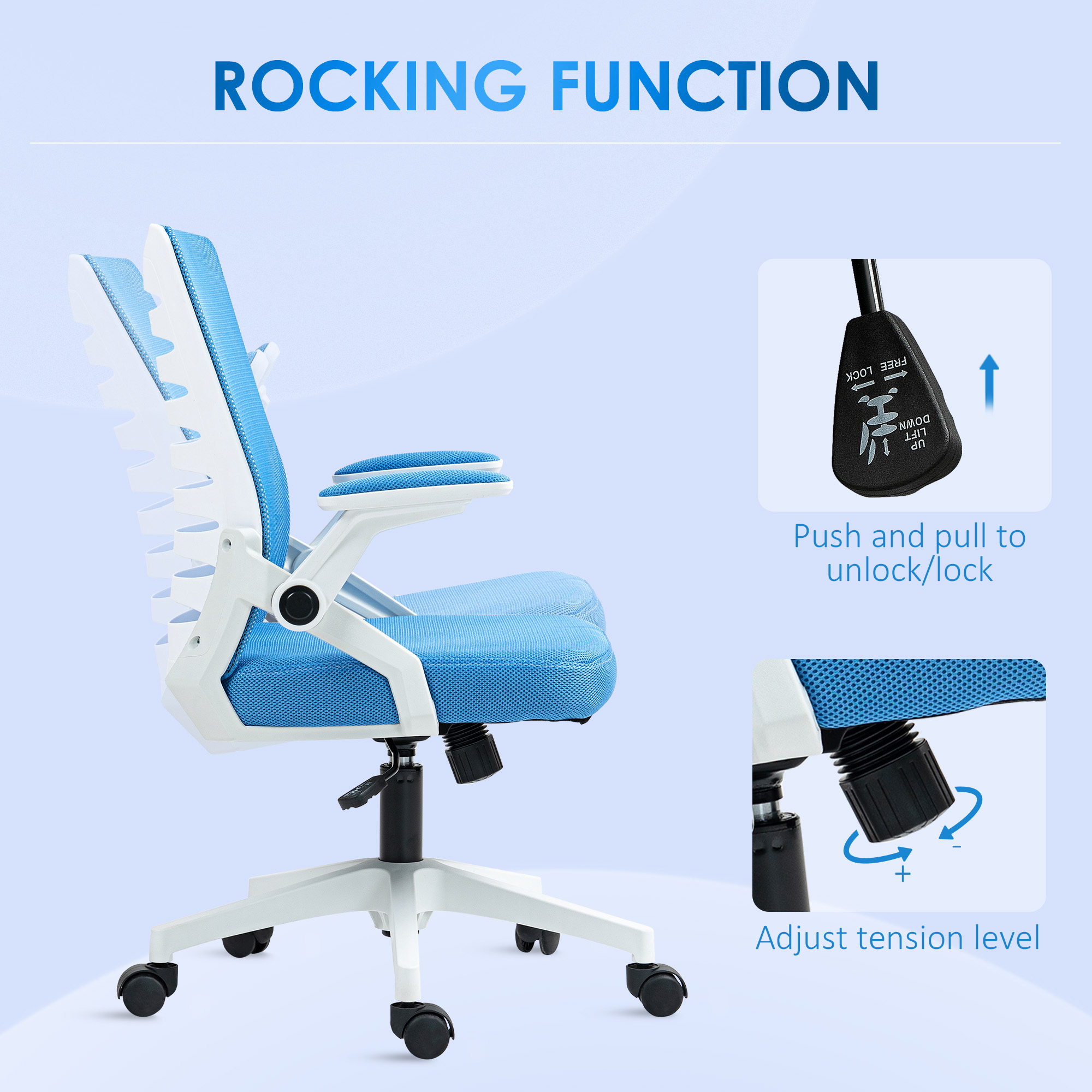  Scaun ergonomic pivotant, reglabil pe inaltime, cu brate, 54x54x89-99 cm, alb si albastru [4]