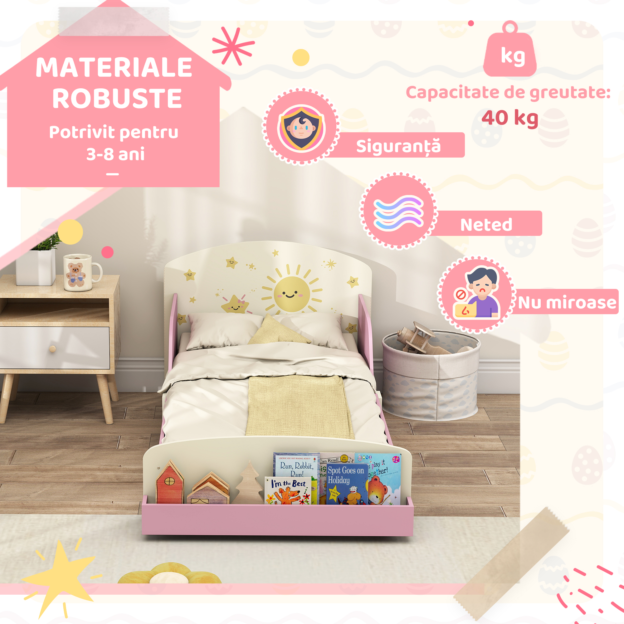  Pat copii mic, cadru cu design stele si spatiu de depozitare, roz [6]