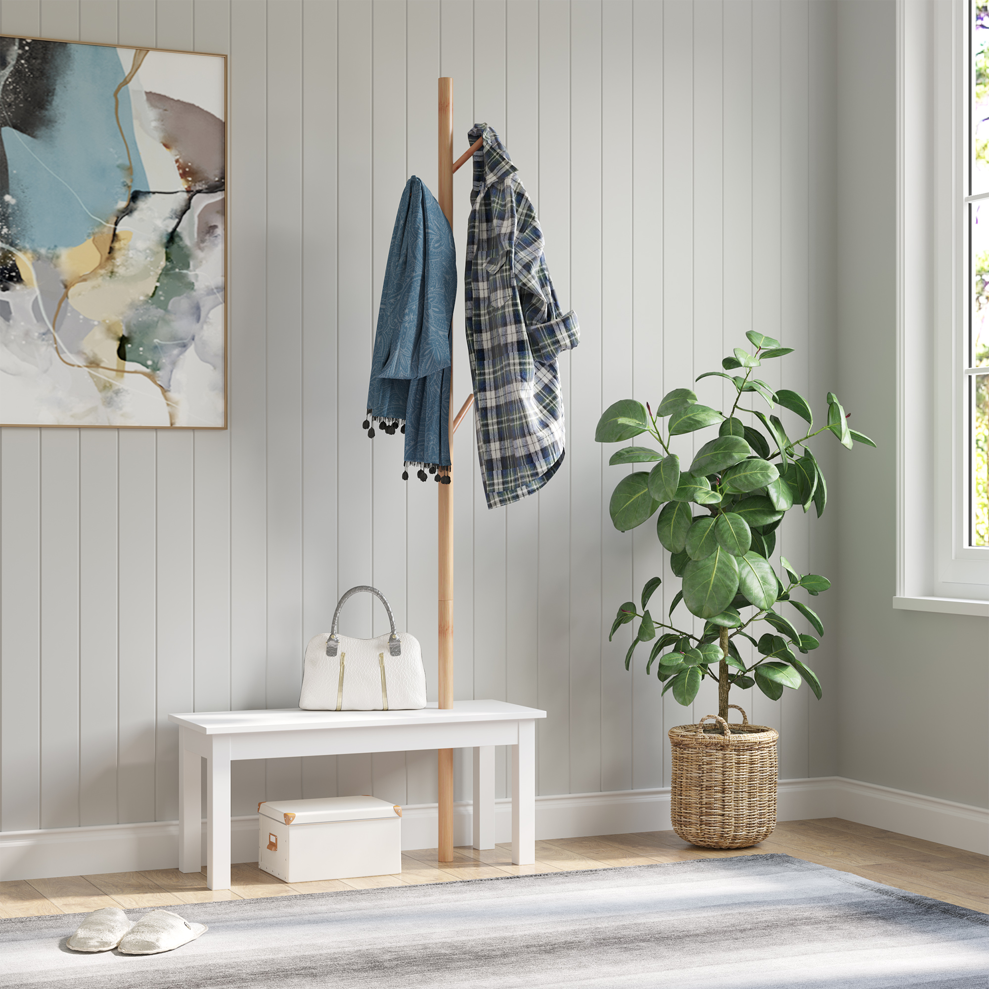  Banca cu Cuier in Bambù, Culoare Alb si Lemn, 80x30x180cm [1]