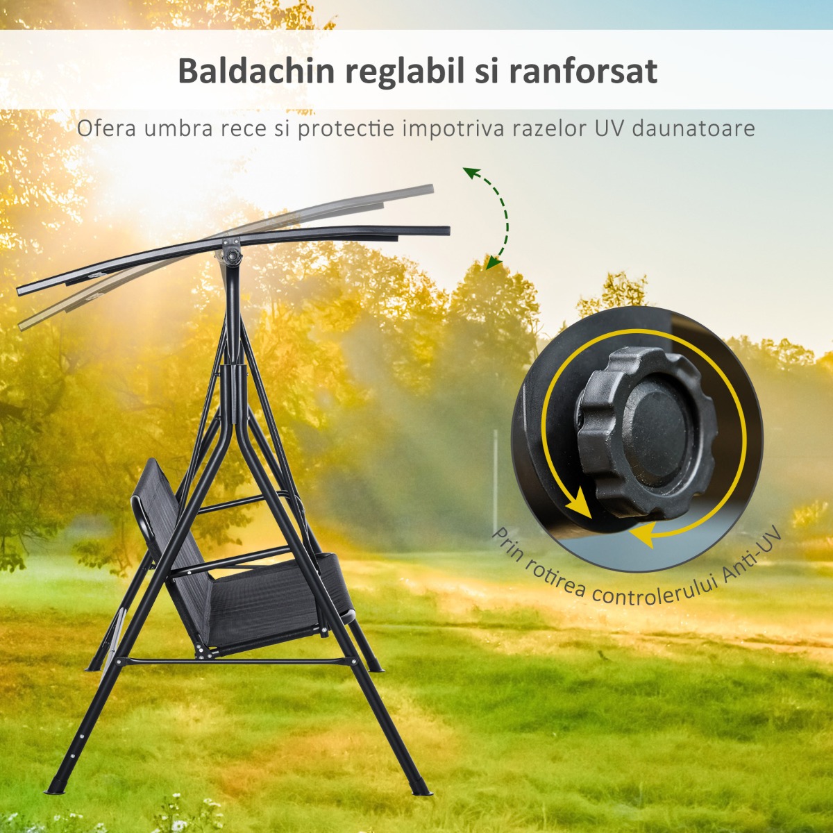  Leagan de Gradina cu 3 Locuri cu Acoperis Parasolar Reglabil Negru 172x110x155cm [5]