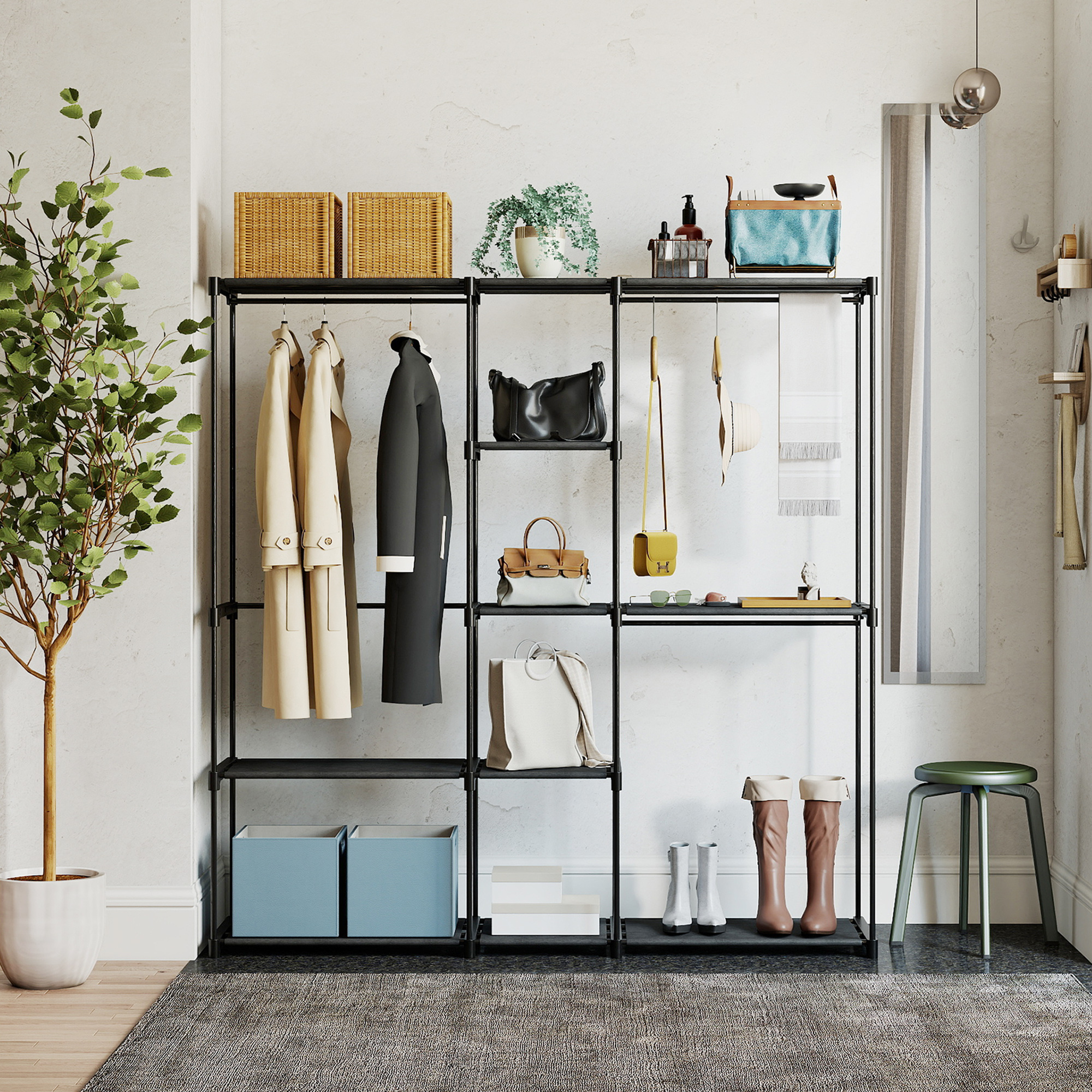  Dulap Garderoba din Material Textil cu 8 Rafturi si 3 Bare pentru Umerase, 182x43x185 cm, Negru [7]