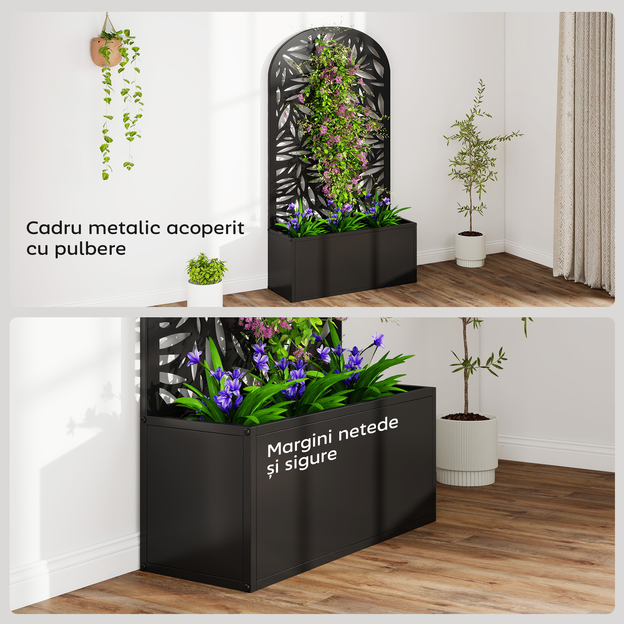  Jardiniera Elevata de Exterior, Jardiniera cu Suport Decorativ Arcuat cu Motive de Frunze pentru Plante Cataratoare din Metal, Montare pe Perete sau Independenta, pentru Plante si Flori, 61x23x113 cm [6]