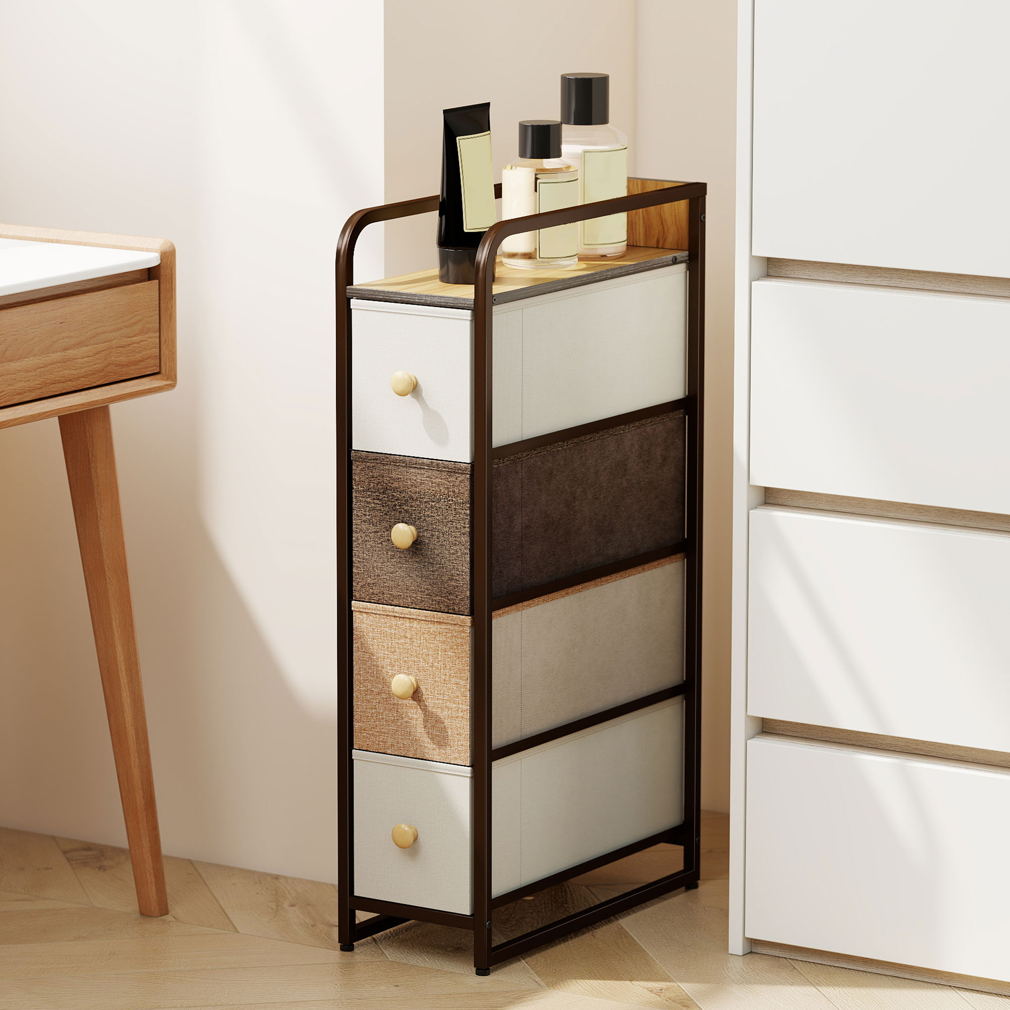  Comoda Slim Salvaspatiu cu 4 Sertare Pliabile din Material Textil, Otel si Lemn, 20x47x84.5 cm, Multicolor [1]